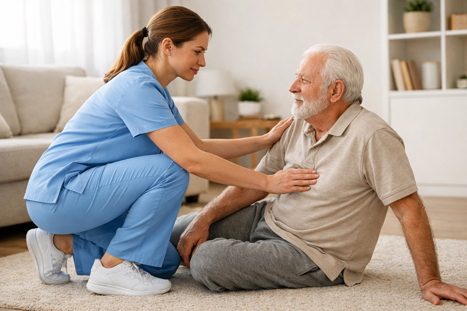 Proper body mechanics showing caregiver in correct kneeling position to assist after fall