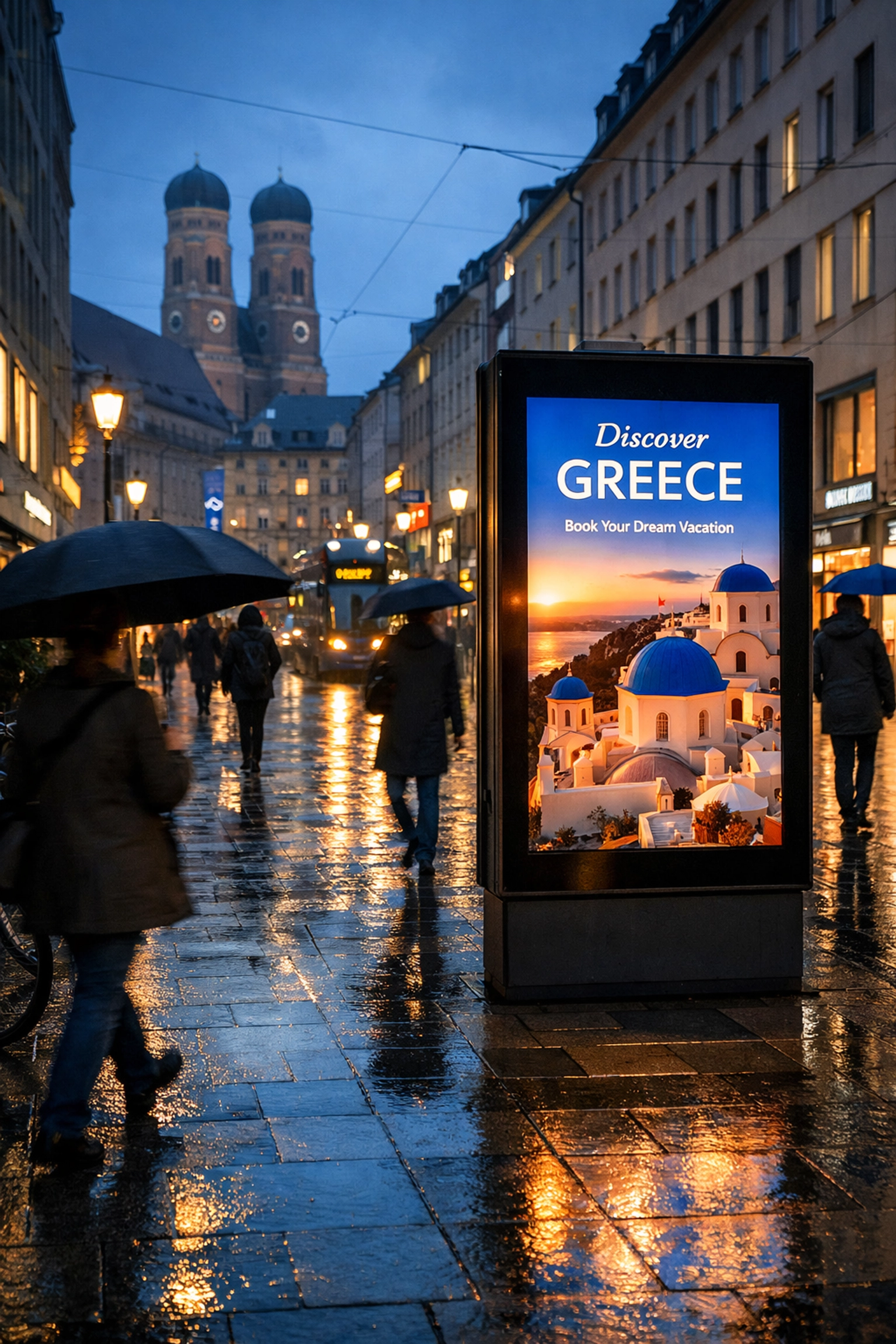 DOOH advertising kiosk in Munich reflecting weather-based triggers on a rainy evening street.