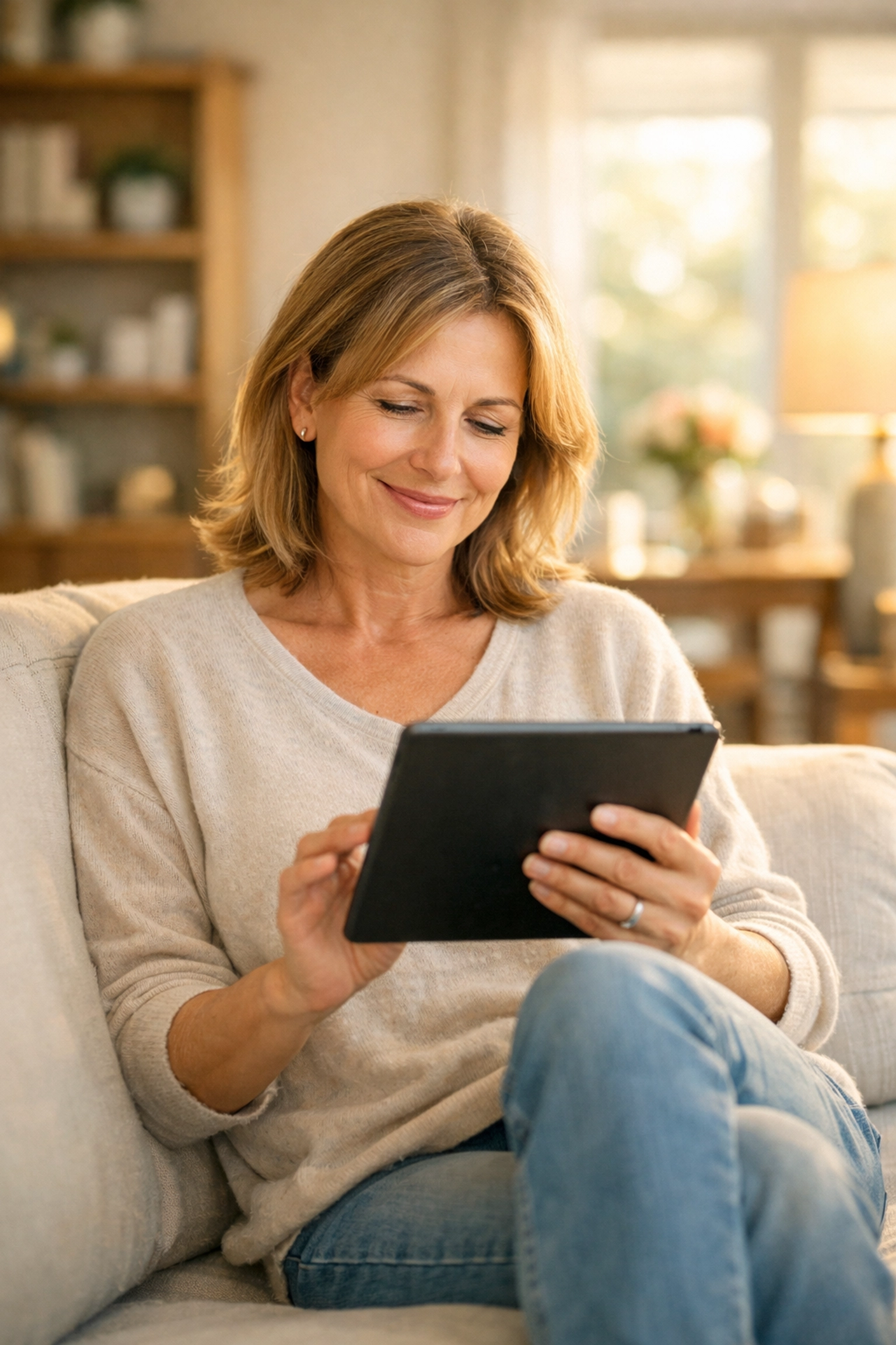 A woman using a tablet to quickly find and hire a vetted live-in carer in Southampton through BestCare24.