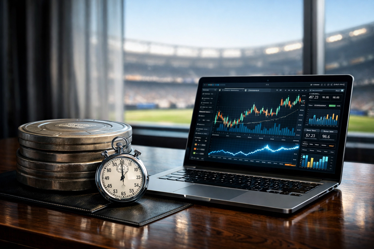 Strategic marketing management tools on an executive desk overlooking a football stadium.