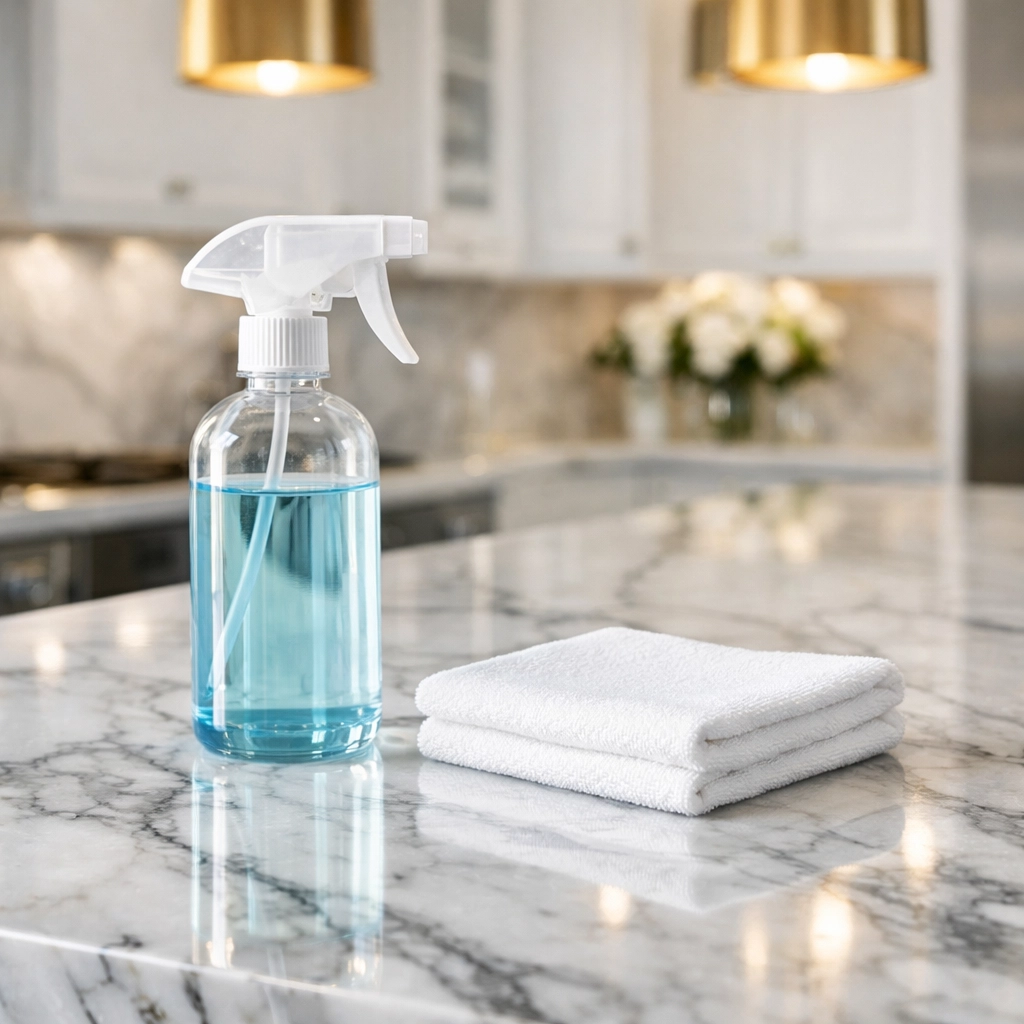 Eco-friendly solutions on a marble island for high-end residential cleaning Massachusetts properties.