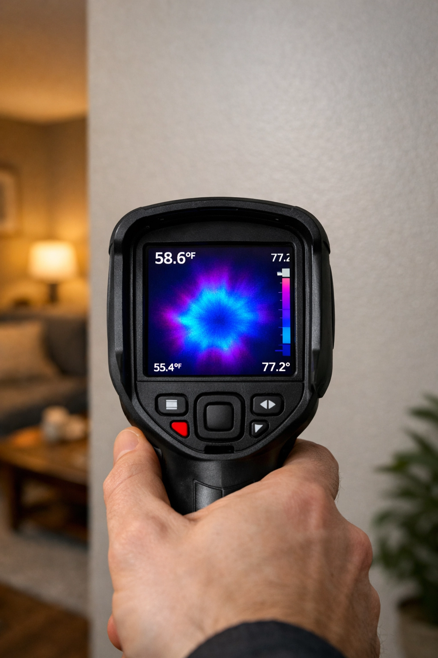 Thermal imaging camera detecting a hidden water leak behind a wall for water damage restoration in Berks County.