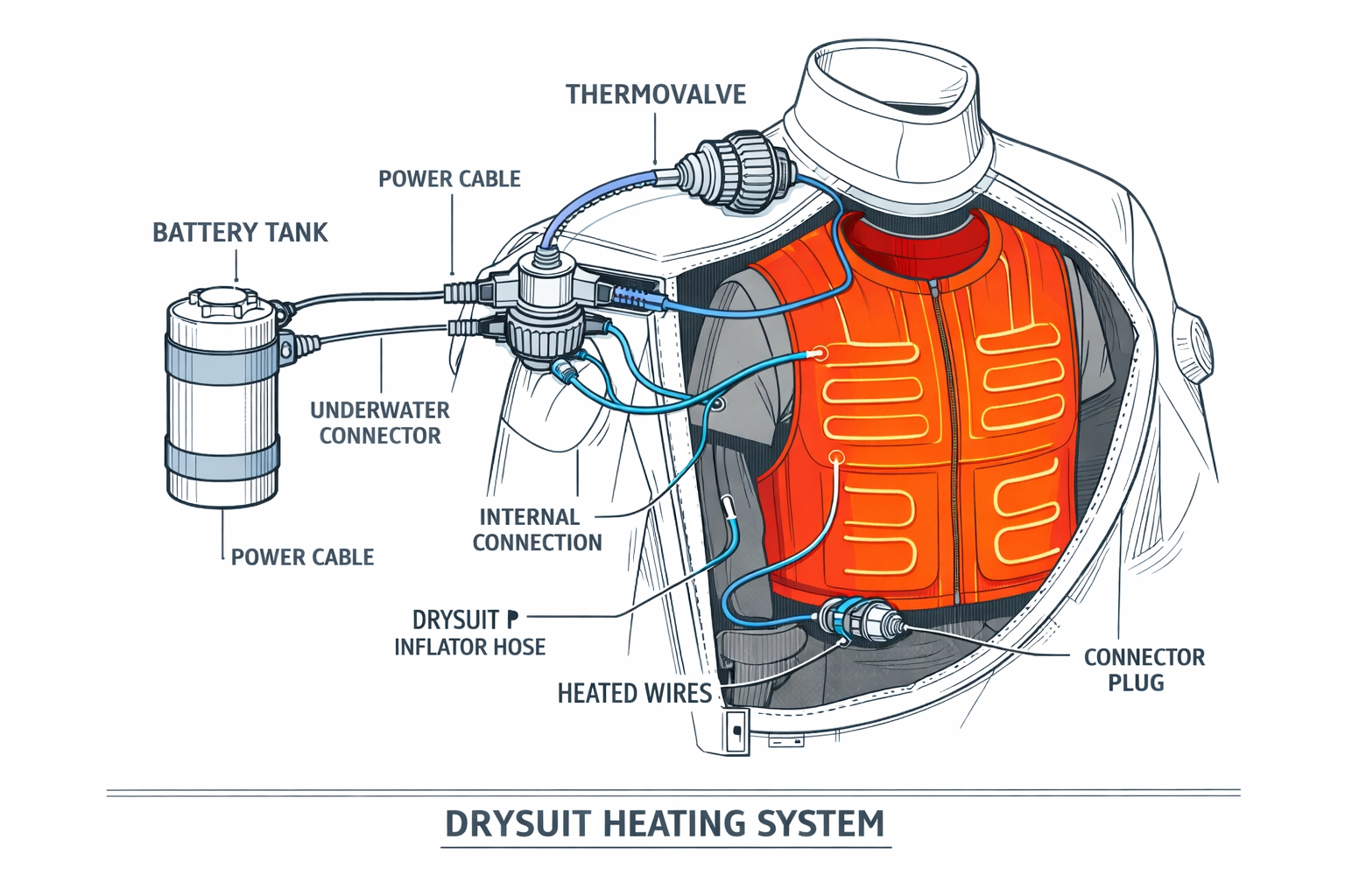 Komplette Verkabelung eines Trockentauchanzug-Heizsystems von Akkutank bis Heizweste