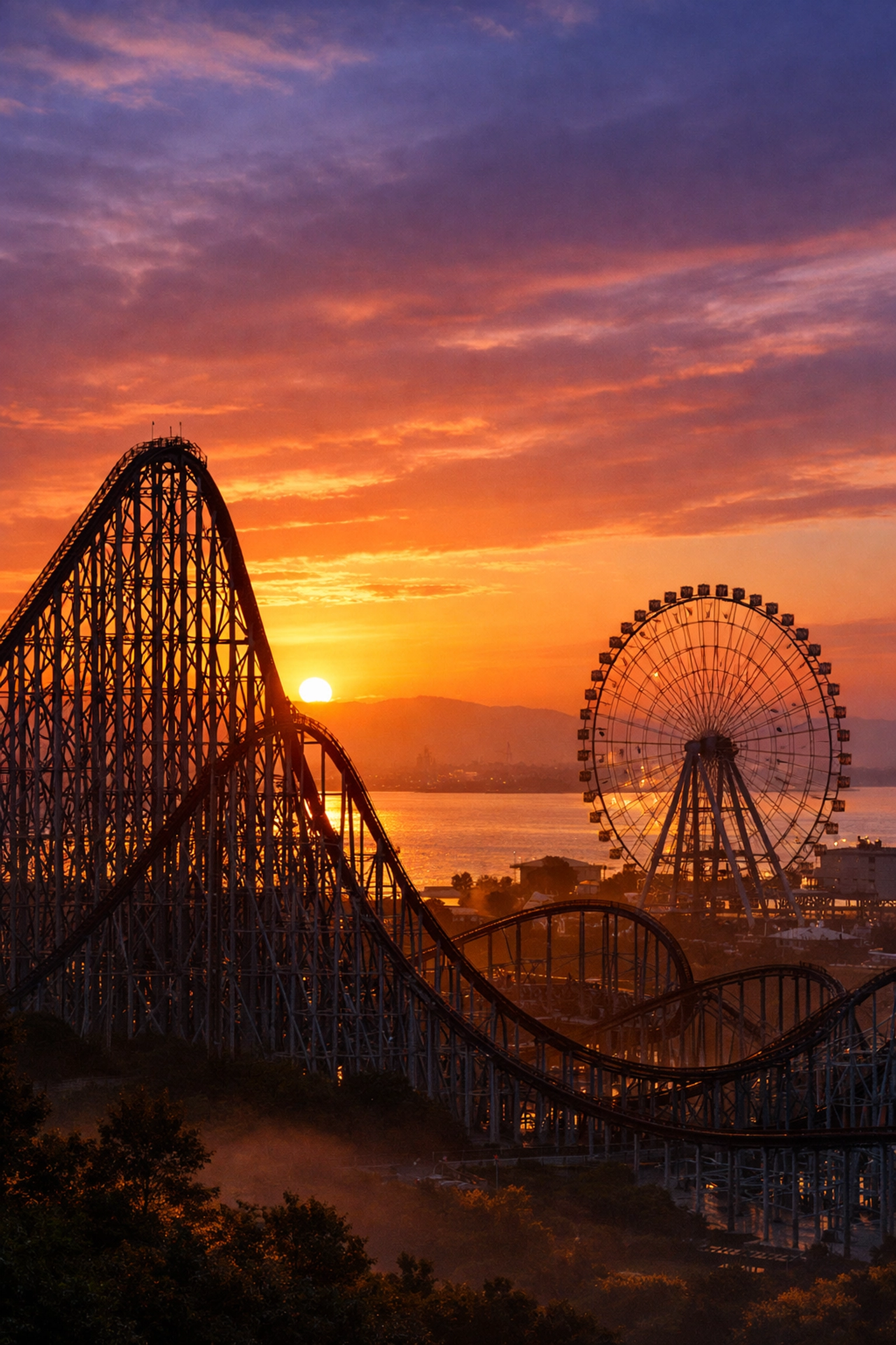 Sunset silhouette of a roller coaster and Ferris wheel at Nagashima Spa Land, a premier photo spot.
