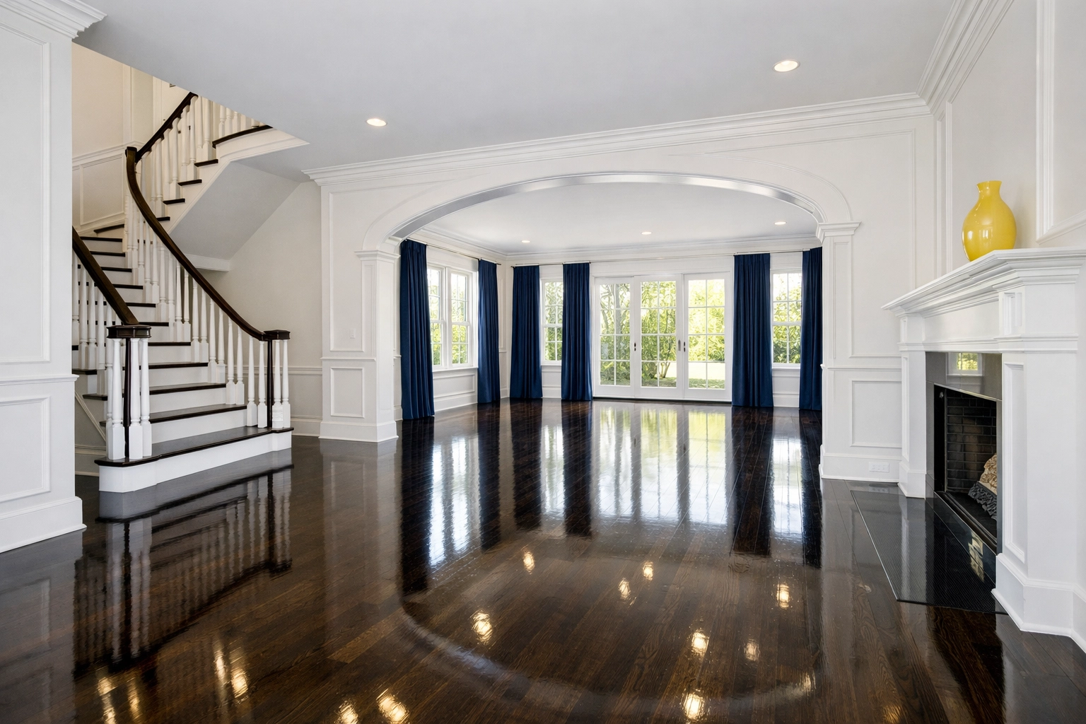 Pristine empty foyer with polished dark oak floors after a professional deep cleaning Wellesley MA.