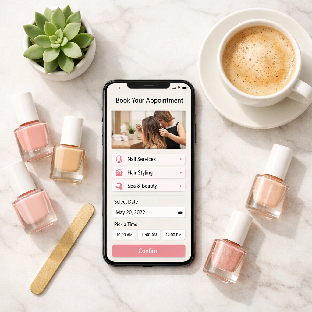 Online booking app for nail salon appointment with nail polish bottles on marble surface