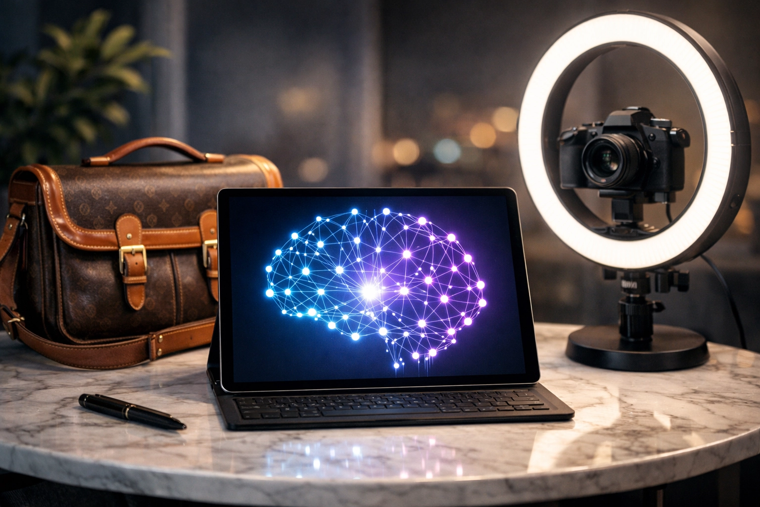 Modern desk with a tablet showing AI tools for resellers next to a professional camera bag and ring light.