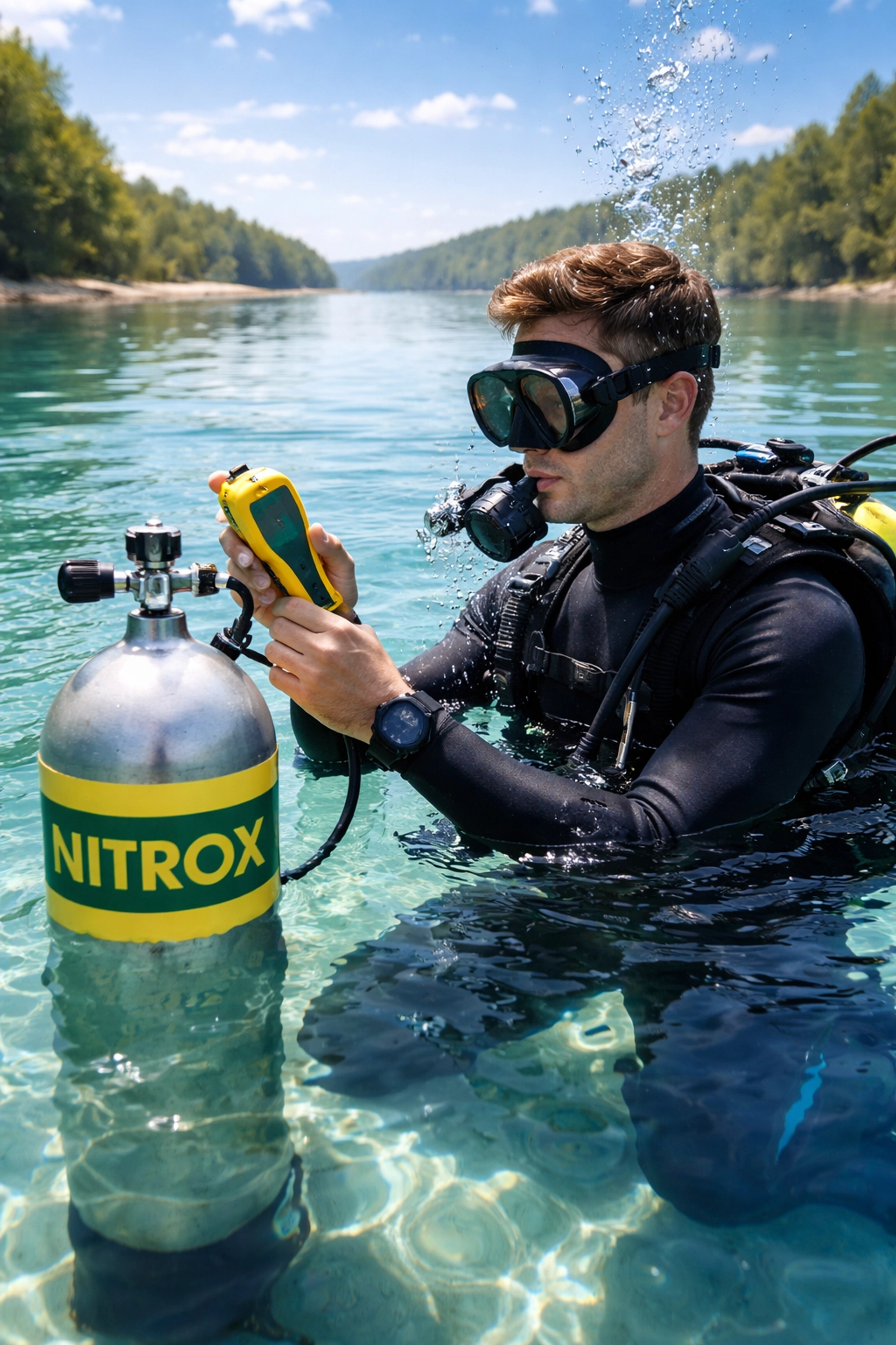 Taucher kontrolliert Nitrox-Flasche beim Einstieg – Nitrox Specialty Kurs für längere Grundzeiten