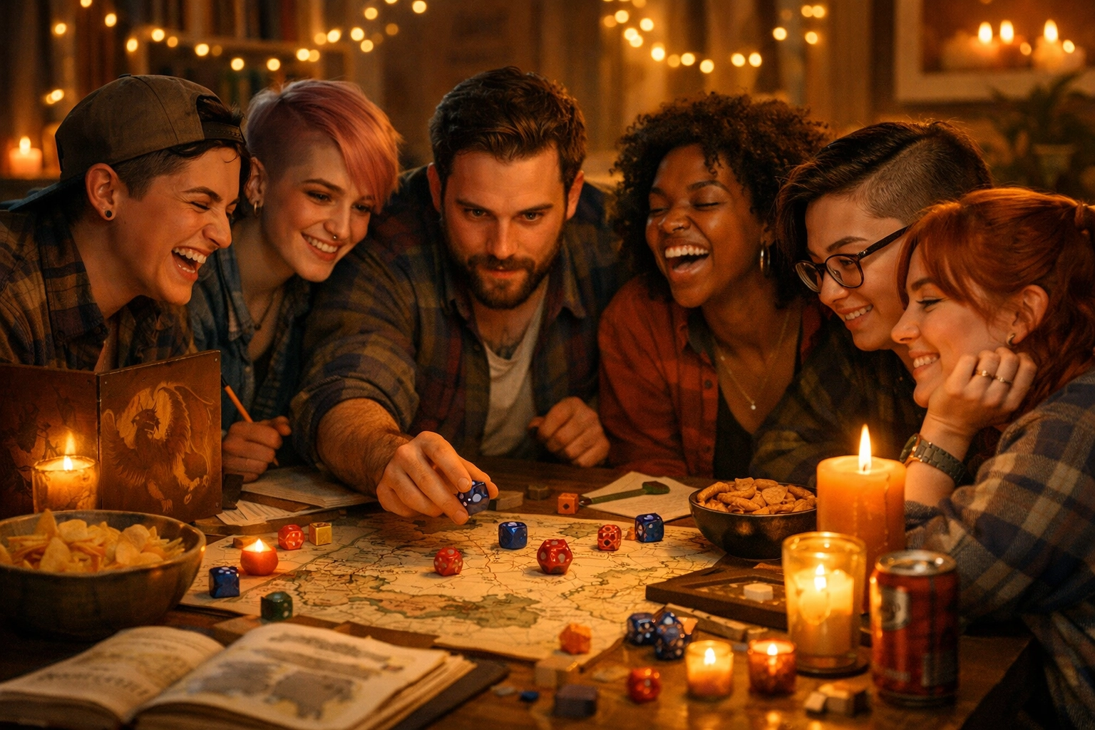A diverse group of LGBTQ+ friends playing a tabletop RPG together, finding their queer found family.