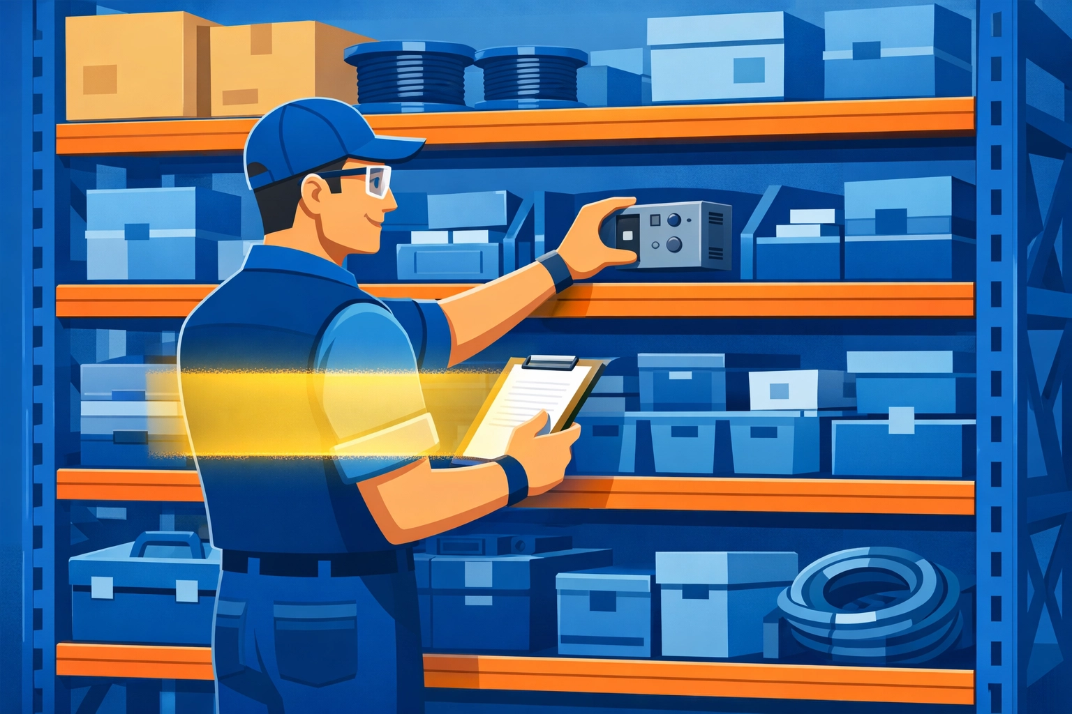 Warehouse worker picking electrical supplies from the ergonomic golden zone for better efficiency.