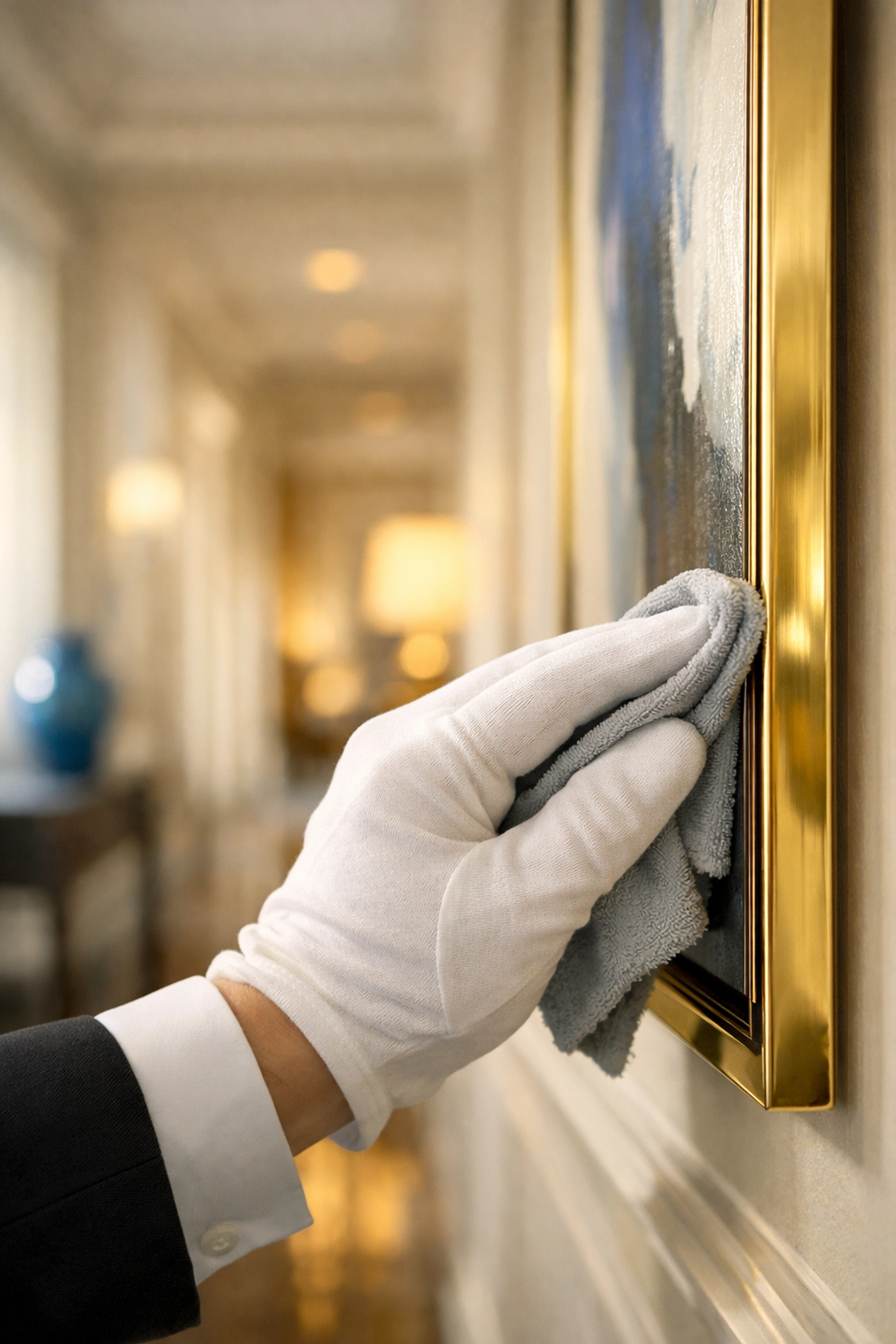 Professional cleaning of high-end art in a Newton MA luxury home using white glove techniques.