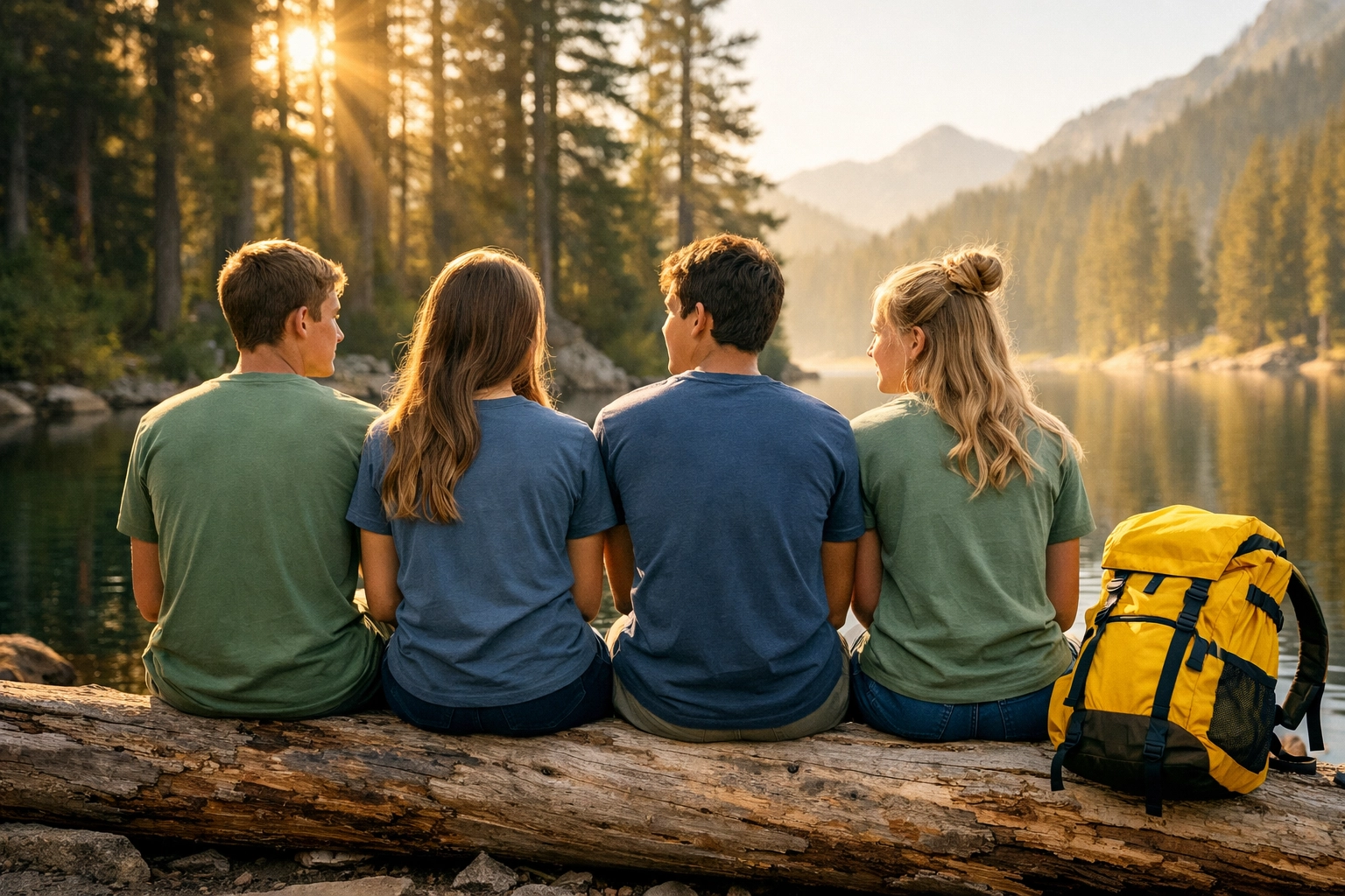 Teenagers at a mountain lake wearing earth-toned custom summer camp t-shirts for the 2026 season.