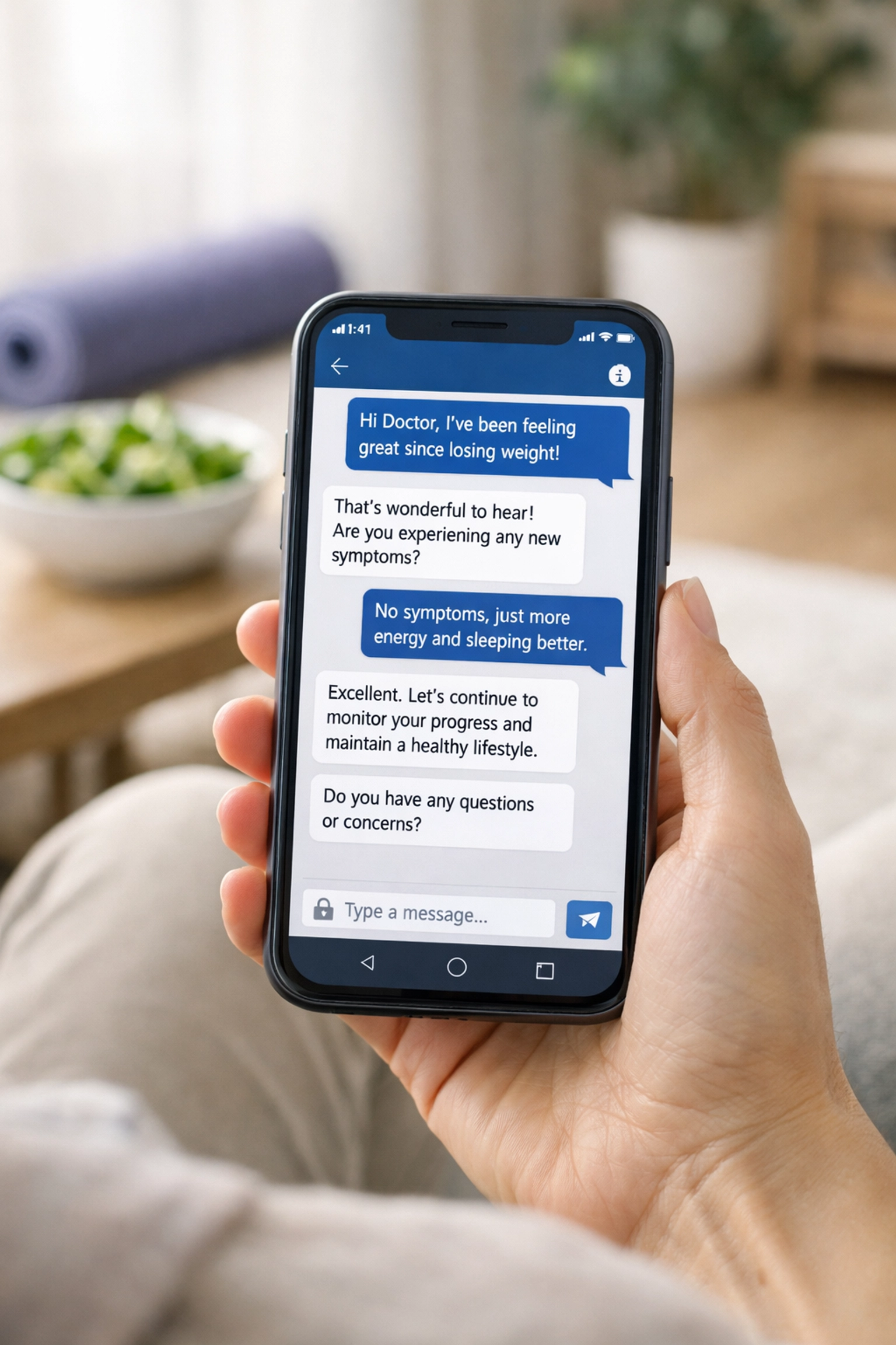 Person using secure medical messaging for an online weight loss consultation and GLP-1 prescription.