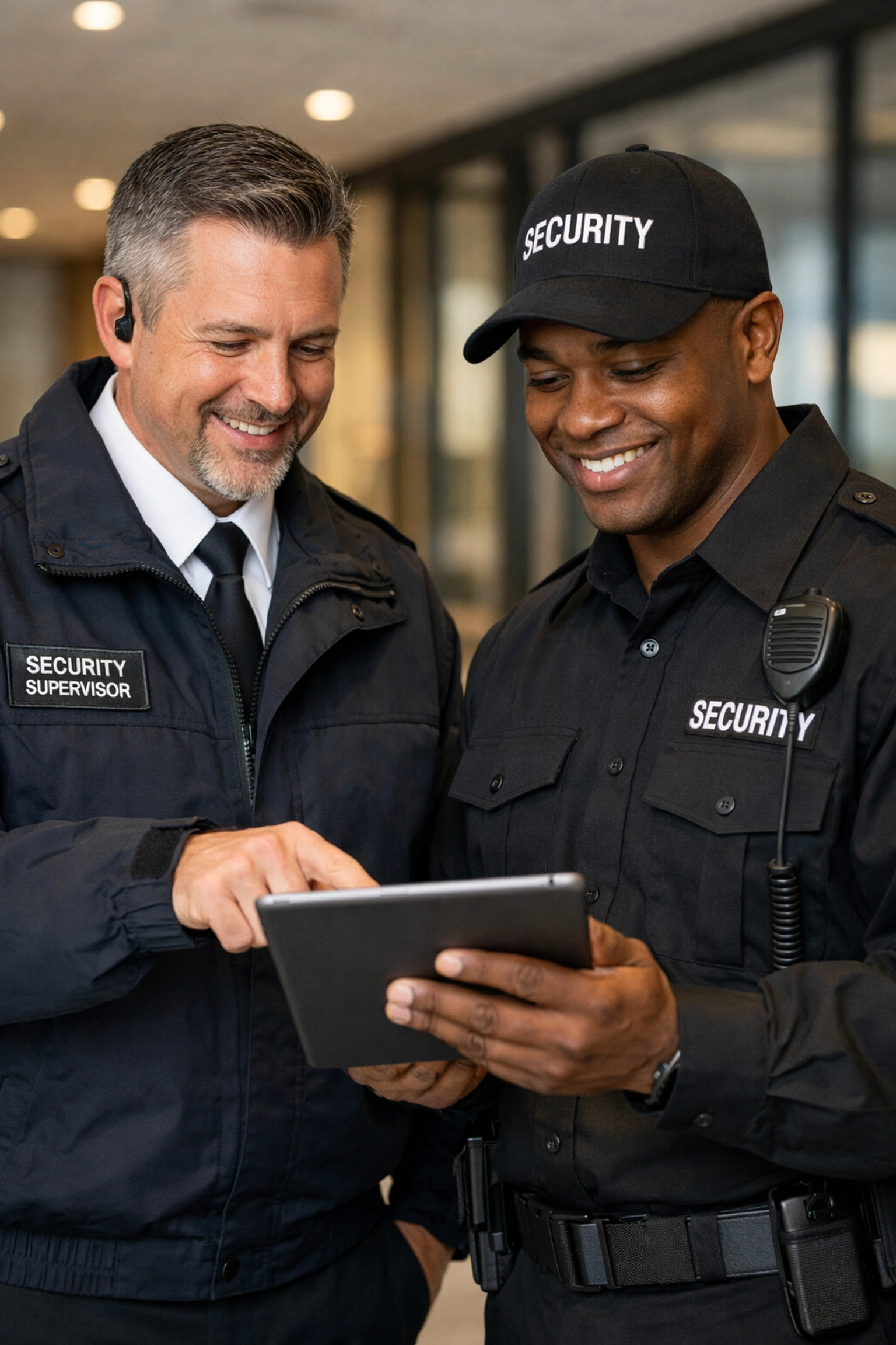 Professional security supervisor and guard during a site briefing, demonstrating quality management and support.