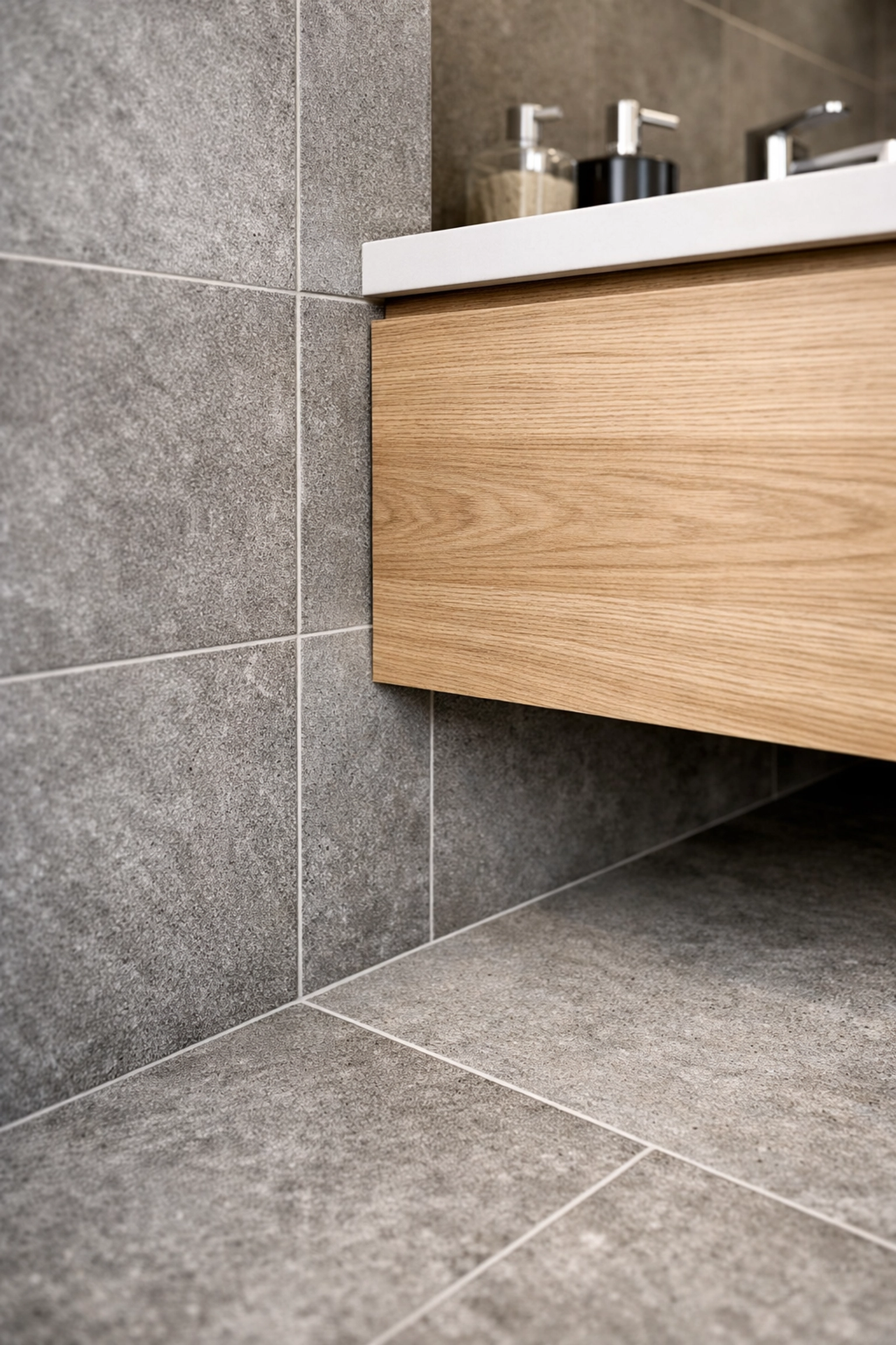 Professional porcelain tile installation in a modern luxury bathroom with high-end craftsmanship.