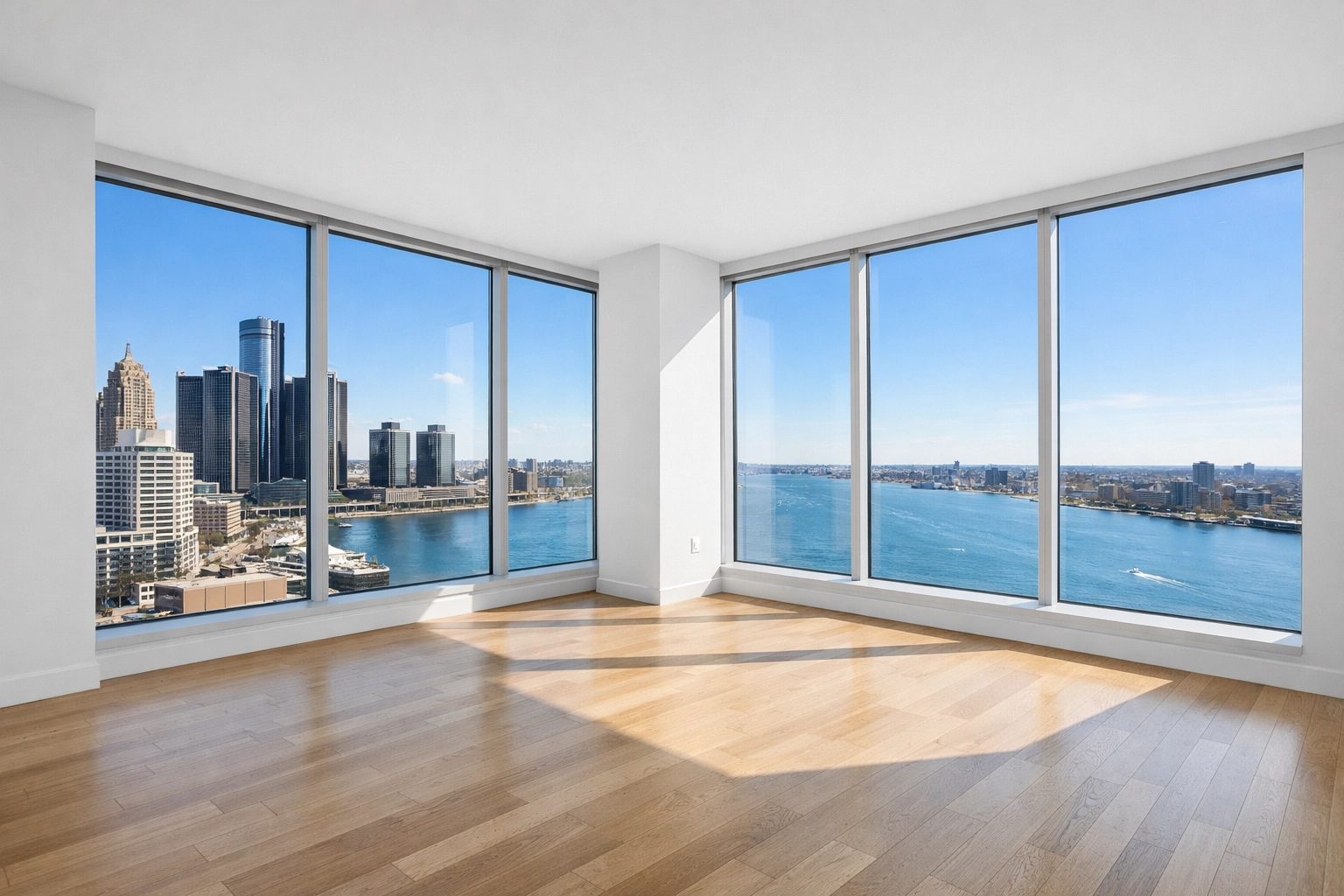 Empty luxury Detroit apartment with skyline view after professional move-out cleaning.