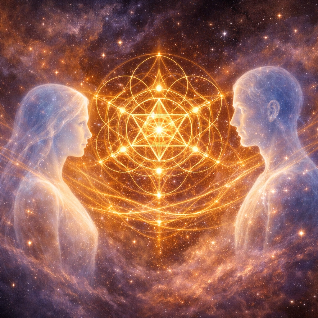 Ethereal figures in space representing soul contracts and the deep spiritual bonds of karmic relationships.