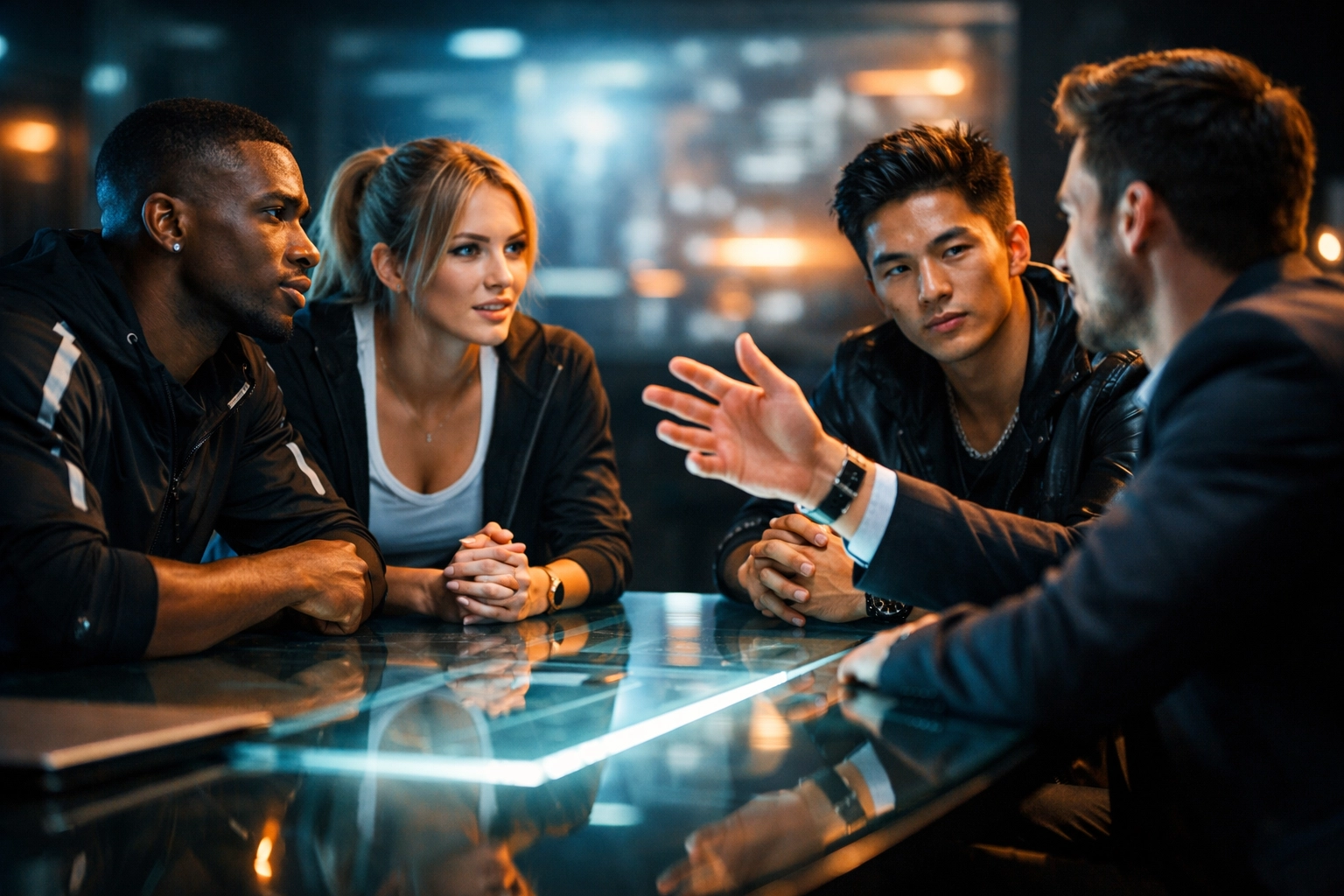 Diverse athletes and professionals collaborating in a modern office to grow their business network and brand.