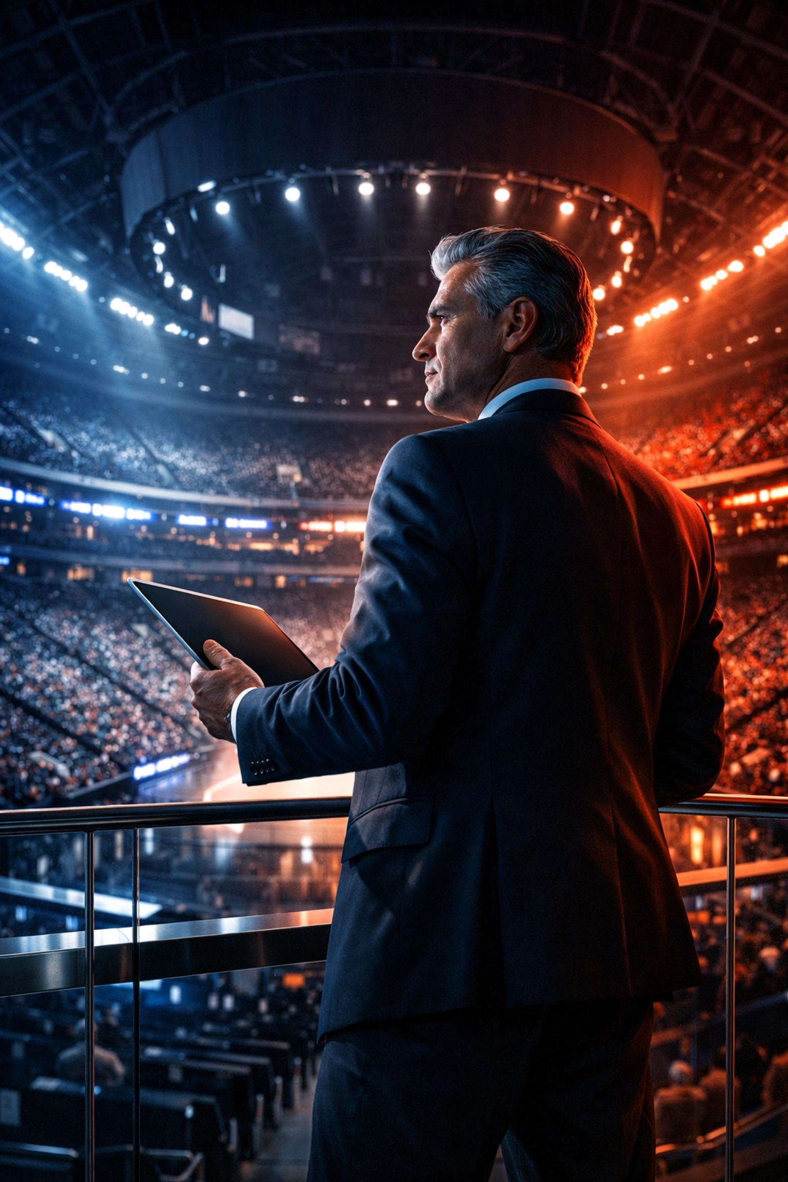 A business leader overlooking a sports arena, representing veteran precision and media legacy in consulting.