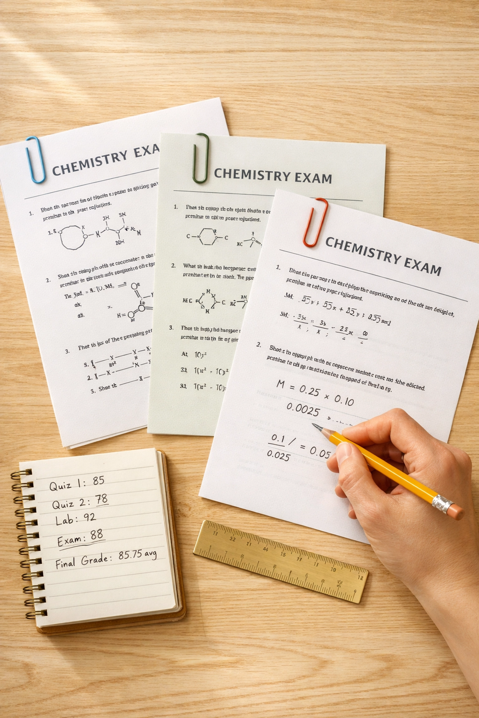 Chemistry exam papers from different boards with student calculating grade boundaries
