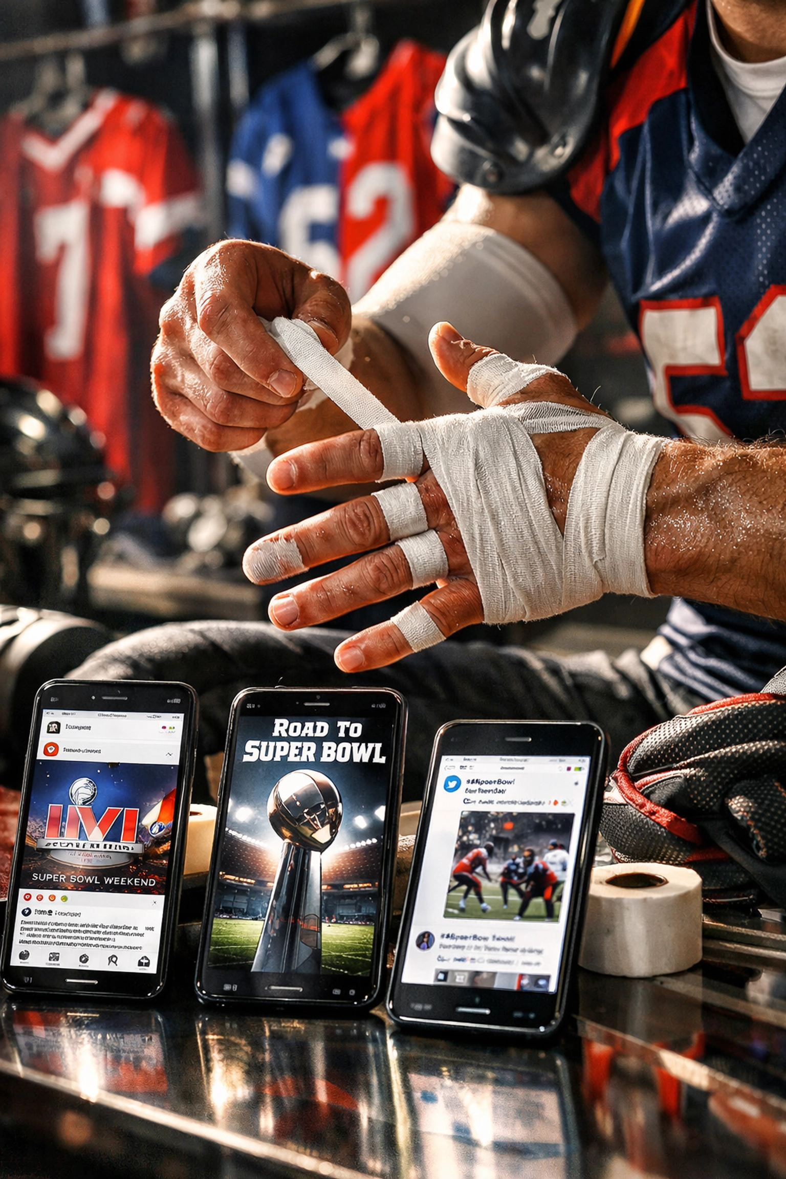 College athlete preparing for game day with smartphones showing Super Bowl social media content