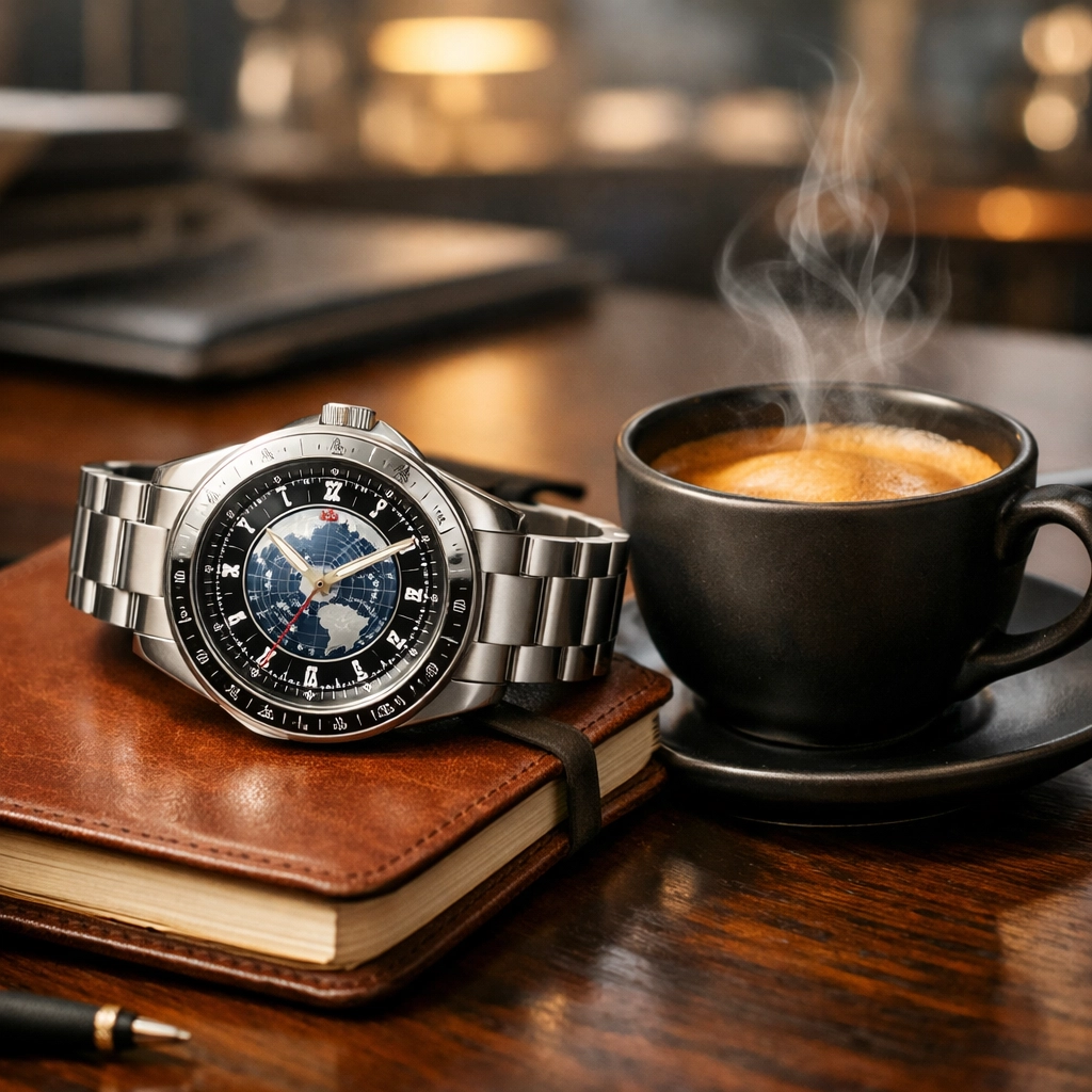 Executive desk with a world-timer watch and espresso, illustrating time zone management.