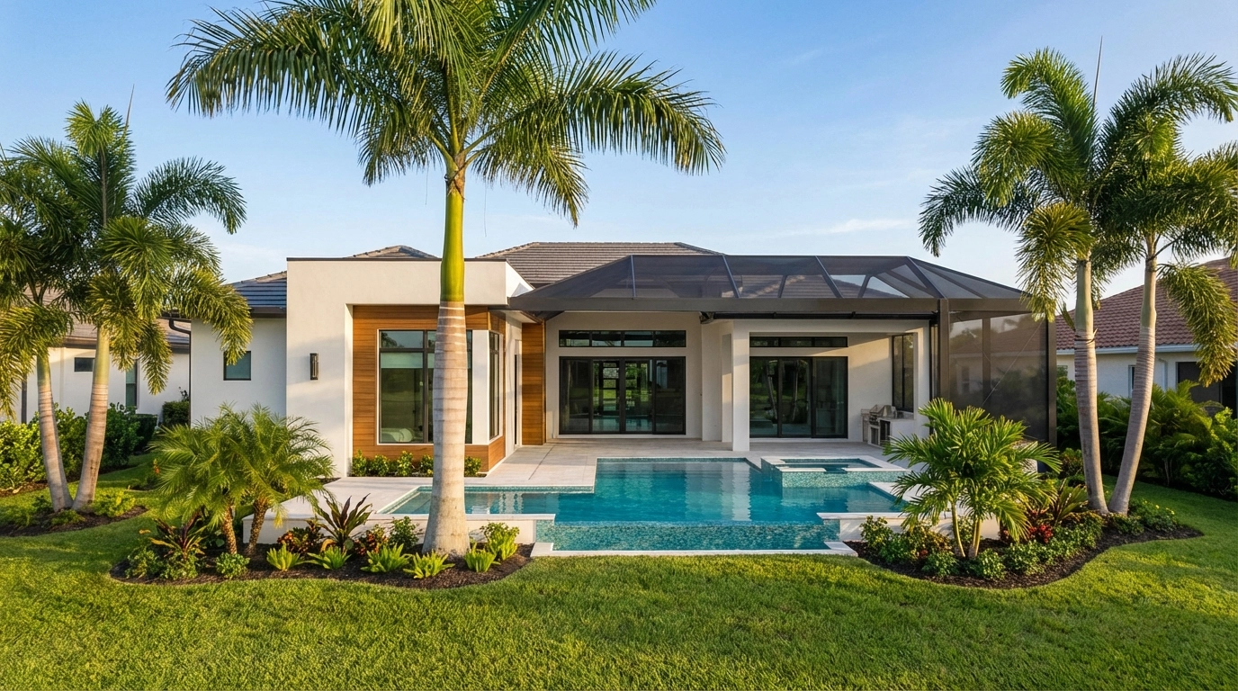 Contemporary Cape Coral Florida home exterior with pool and palm trees - professional real estate photography