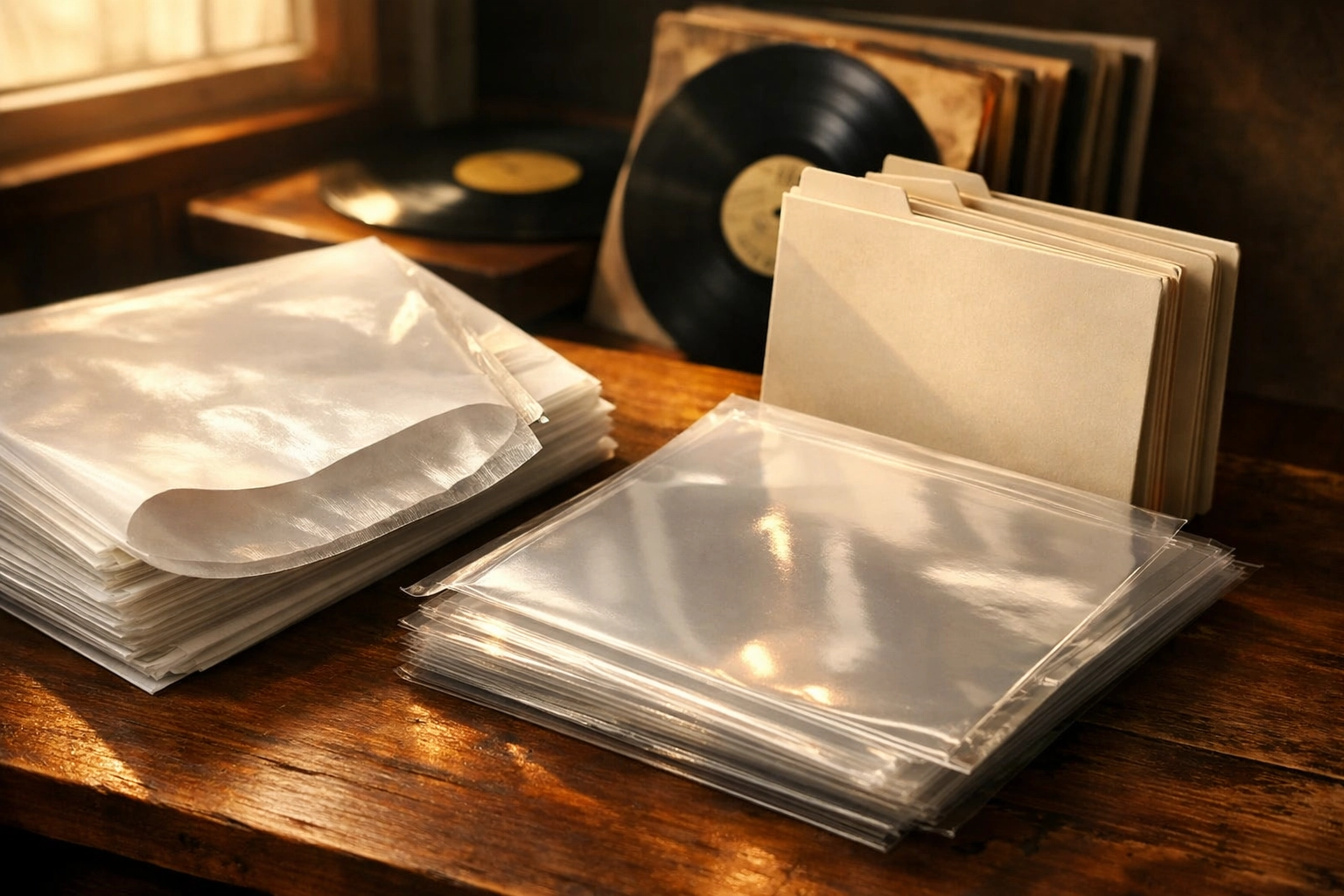 Vinyl record protective sleeves and storage materials on wooden surface