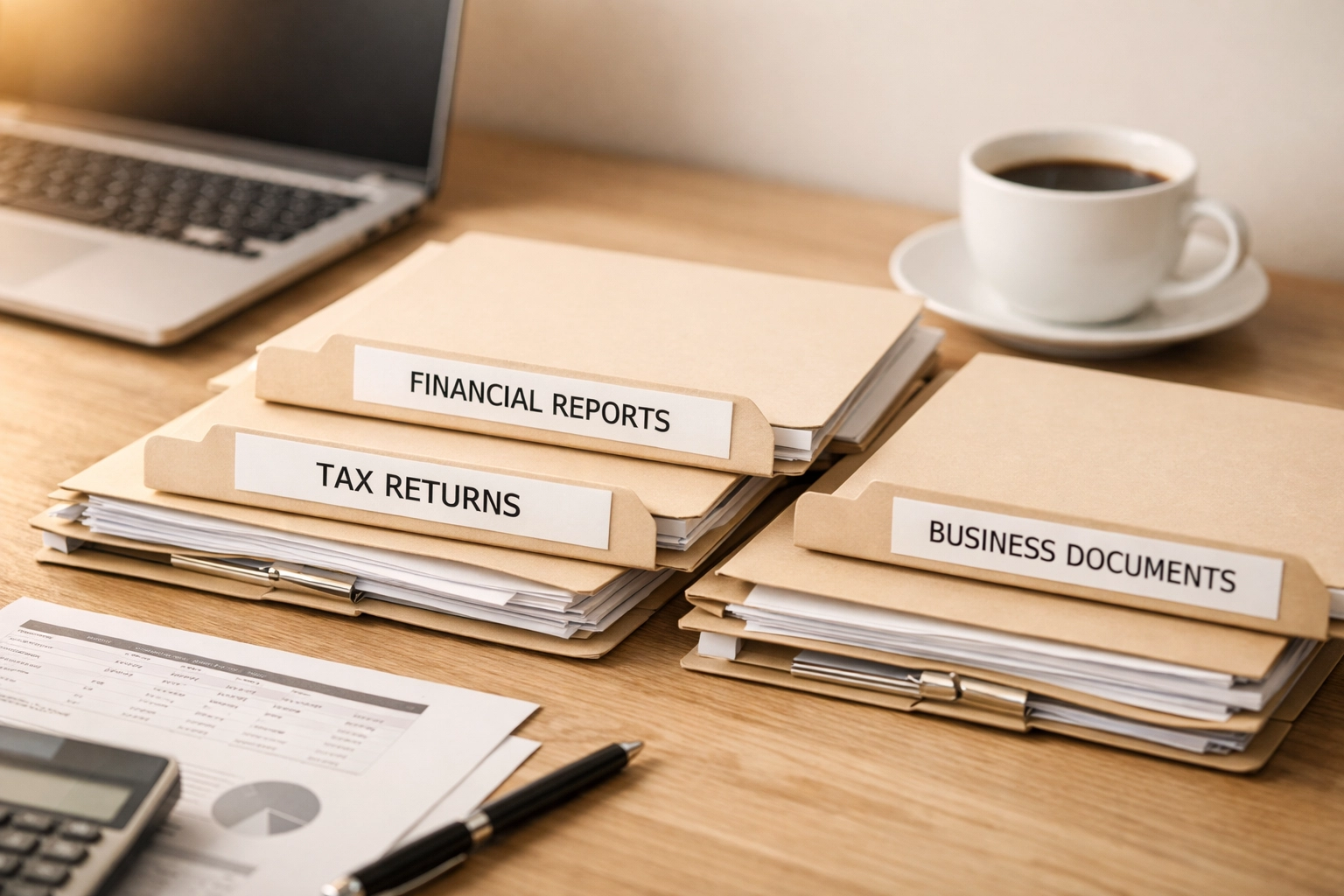 Organized business loan application documents including tax returns and financial statements