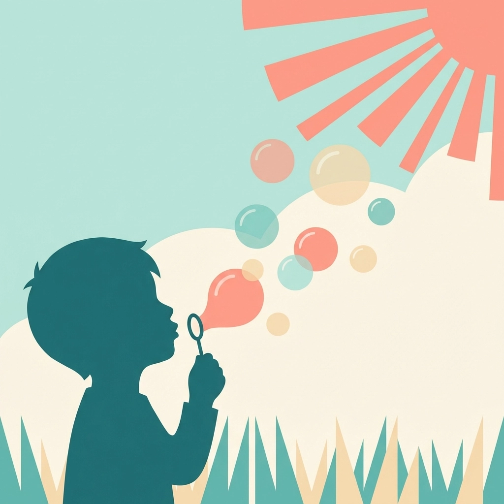 A child blowing bubbles outdoors in a sunny backyard, demonstrating family bubble activity