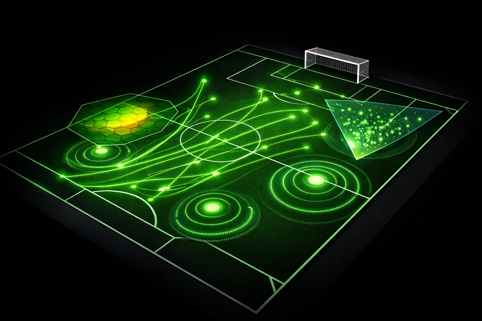Football pitch with live data tracking player movements and momentum in the final third