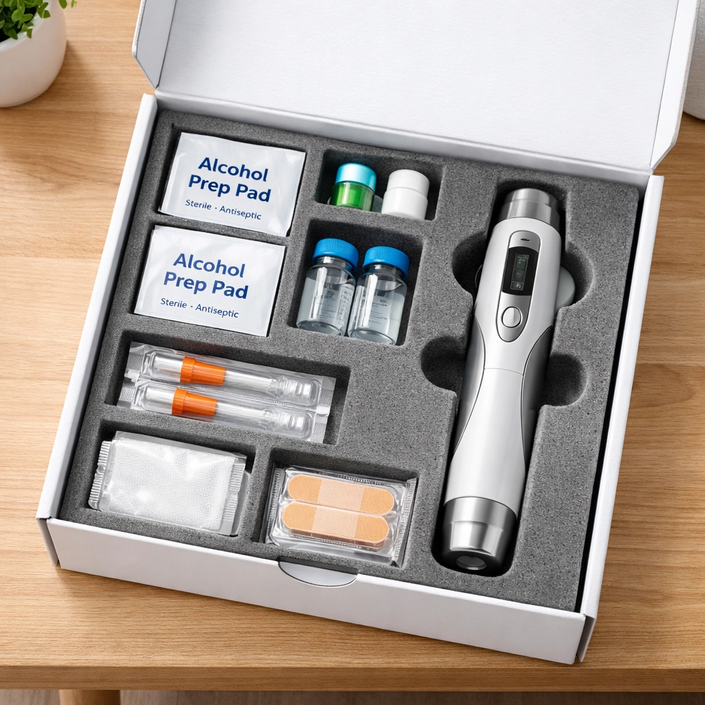 At-home medical weight loss delivery kit featuring a GLP-1 injector pen and clinical supplies.