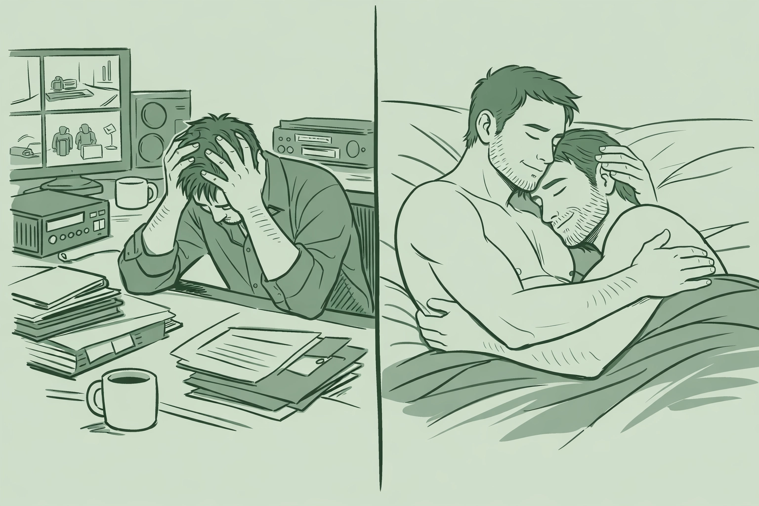 Undercover agent's double life: surveillance work contrasted with intimate moment in gay thriller