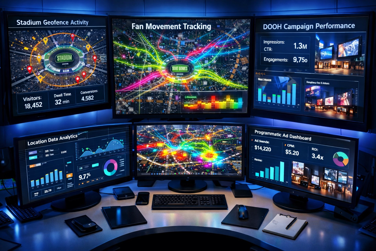 Sports marketing control room with geofencing maps and programmatic DOOH campaign dashboards