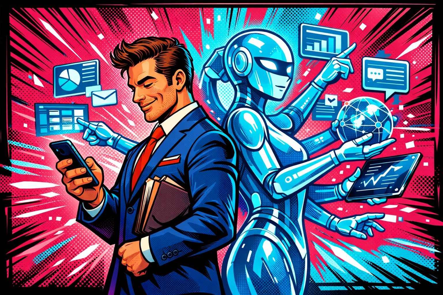 Business owner standing with an AI virtual assistant for business managing digital tasks and data streams.