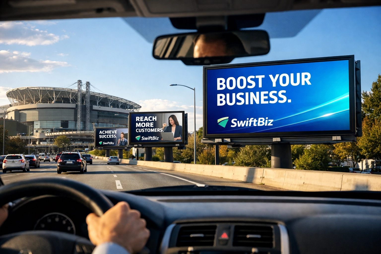 Sequential digital billboards along stadium route showing Sporttron's sustained OOH visibility strategy