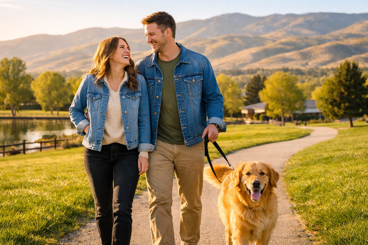 Couple walking their dog in a sunny Meridian park near the Boise Idaho foothills. Couple walking their dog in a sunny Meridian park near the Boise Idaho foothills.
