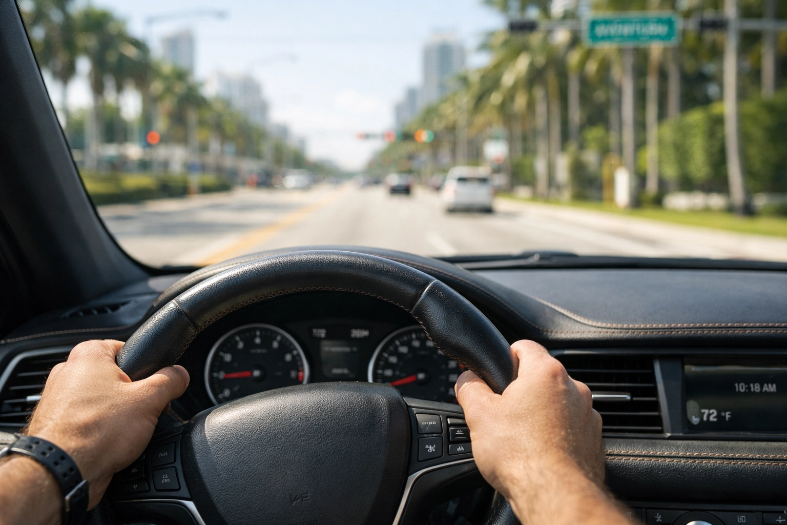 A misaligned steering wheel tilted to the side while driving straight, indicating a need for professional alignment.