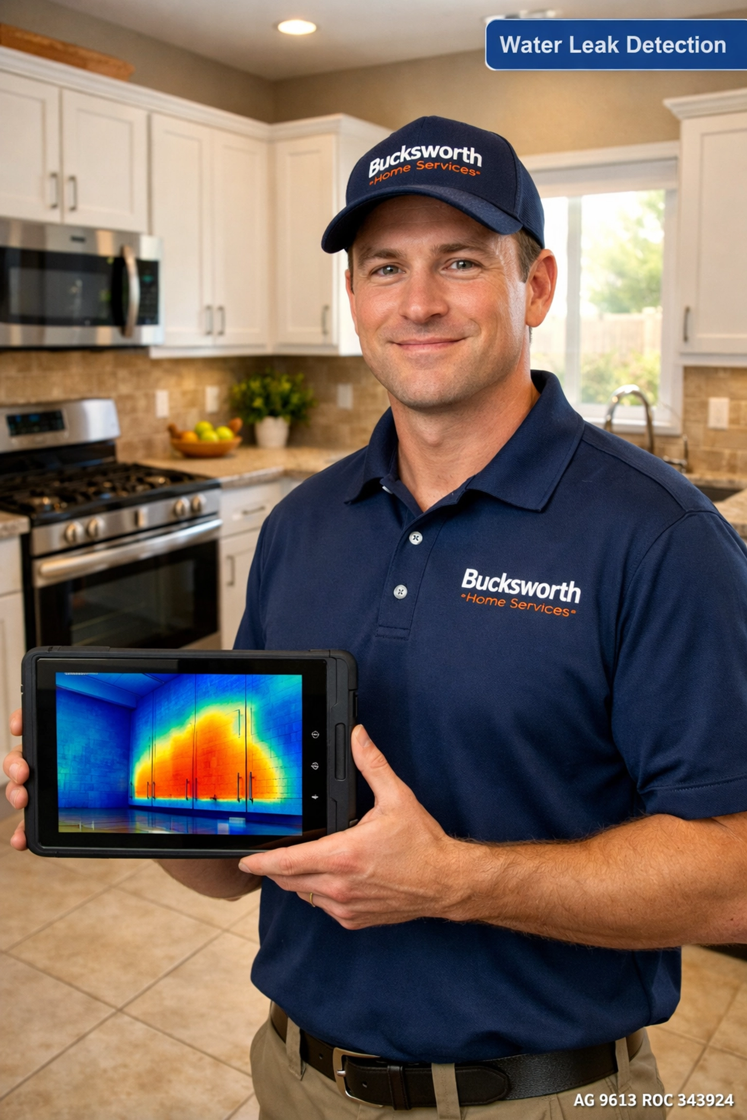 Bucksworth technician using thermal imaging to locate hidden water leaks in an Apache Junction home.