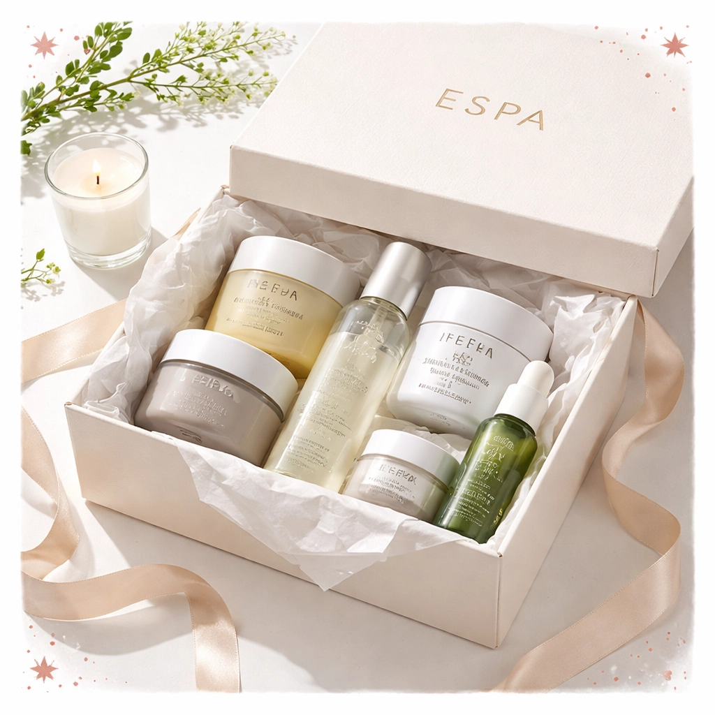 Opened ESPA gift box revealing premium skincare, ideal for luxury self-care gifting and exclusive clearance deals