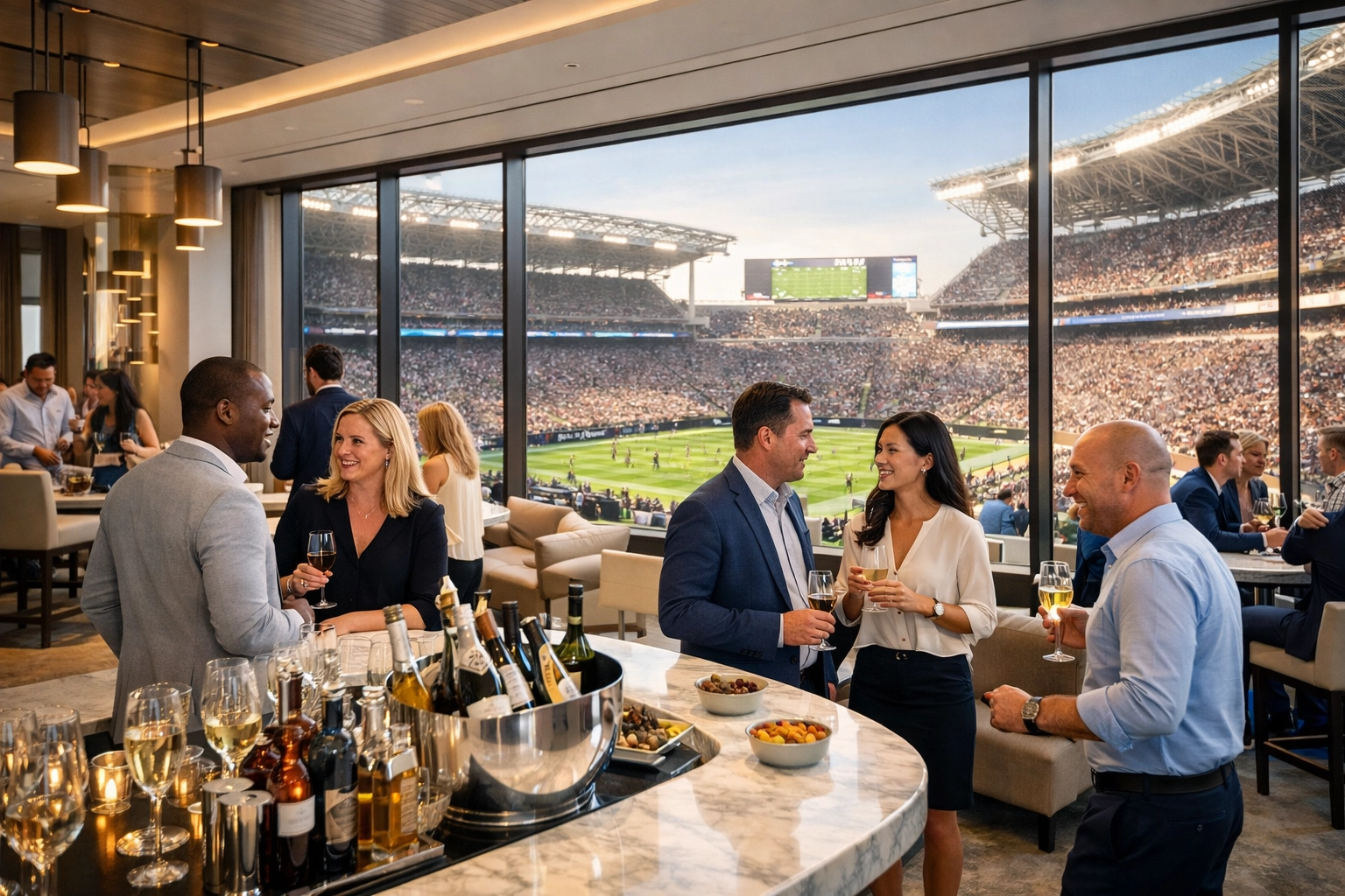 PRESS RELEASE: The Ultimate Guide to Super Bowl Corporate Hospitality: Everything You Need to Succeed in High-Stakes Networking Corporate executives networking in a luxury hospitality lounge overlooking a major sports stadium.