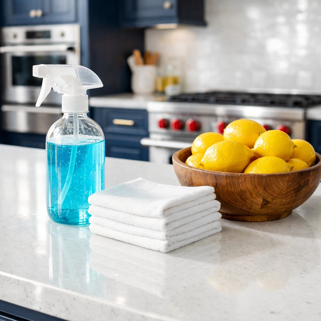 Sustainable residential cleaning in Massachusetts featuring eco-friendly supplies in a custom Weston kitchen.