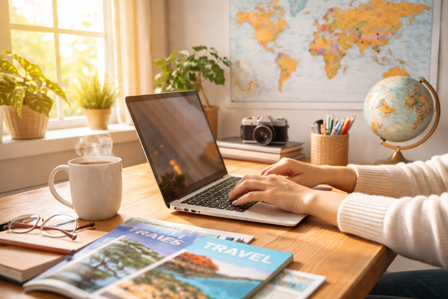 Cozy home office with laptop, world map, and travel magazines inspiring a work-from-home travel career