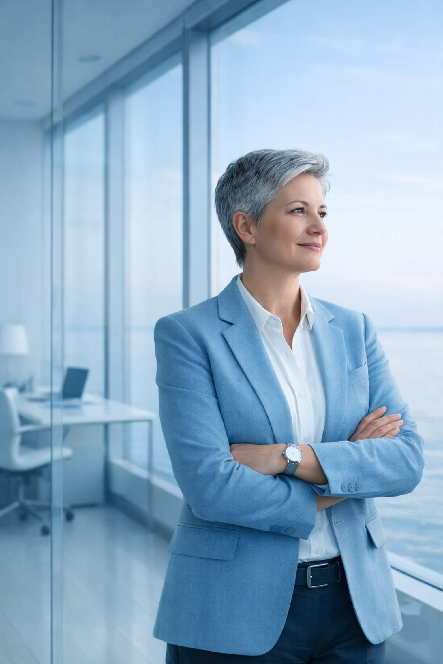 Confident entrepreneur in a minimalist office, representing a successful Alabama business transition.