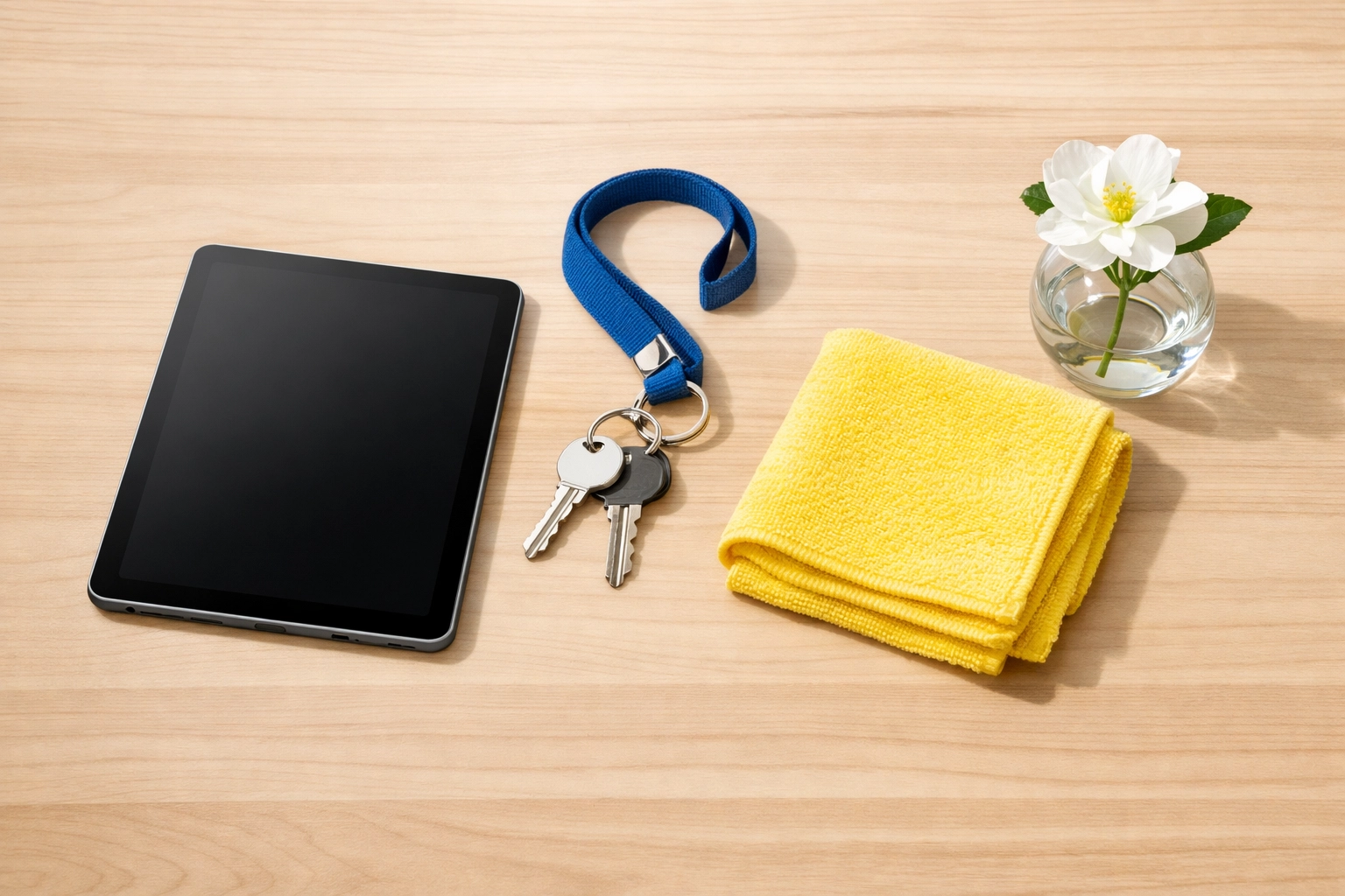 An organized desk with a cleaning cloth and tablet, representing a weekly house cleaning checklist.