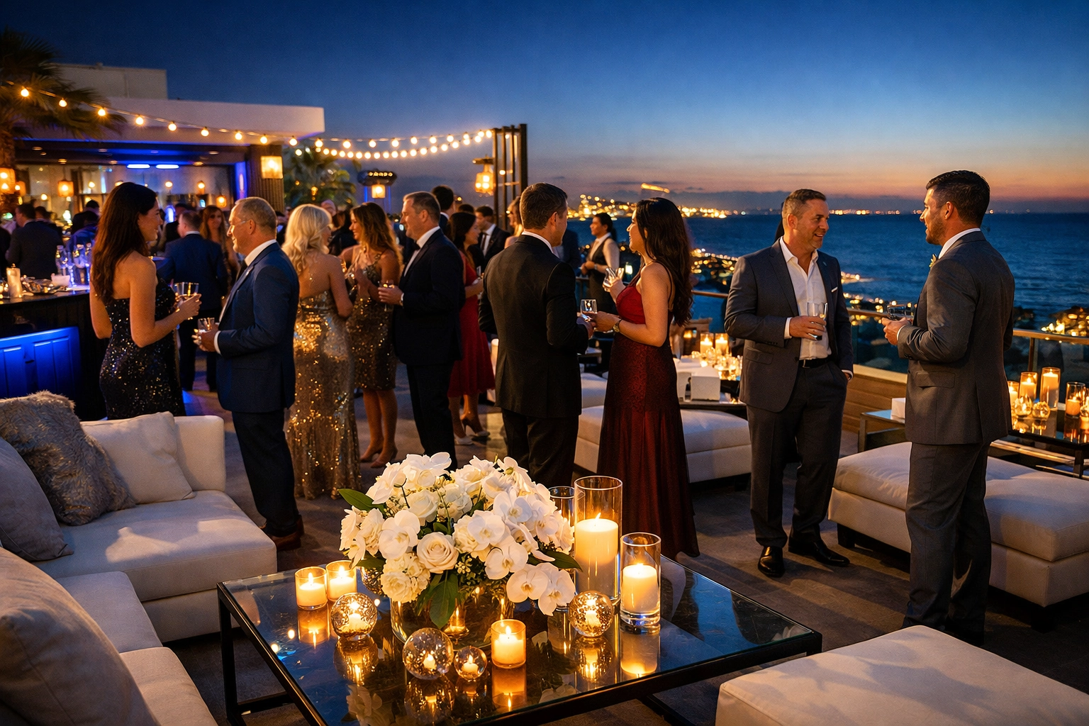 Professional event photography of a high-end corporate gala at a luxury rooftop venue in Miami Beach.