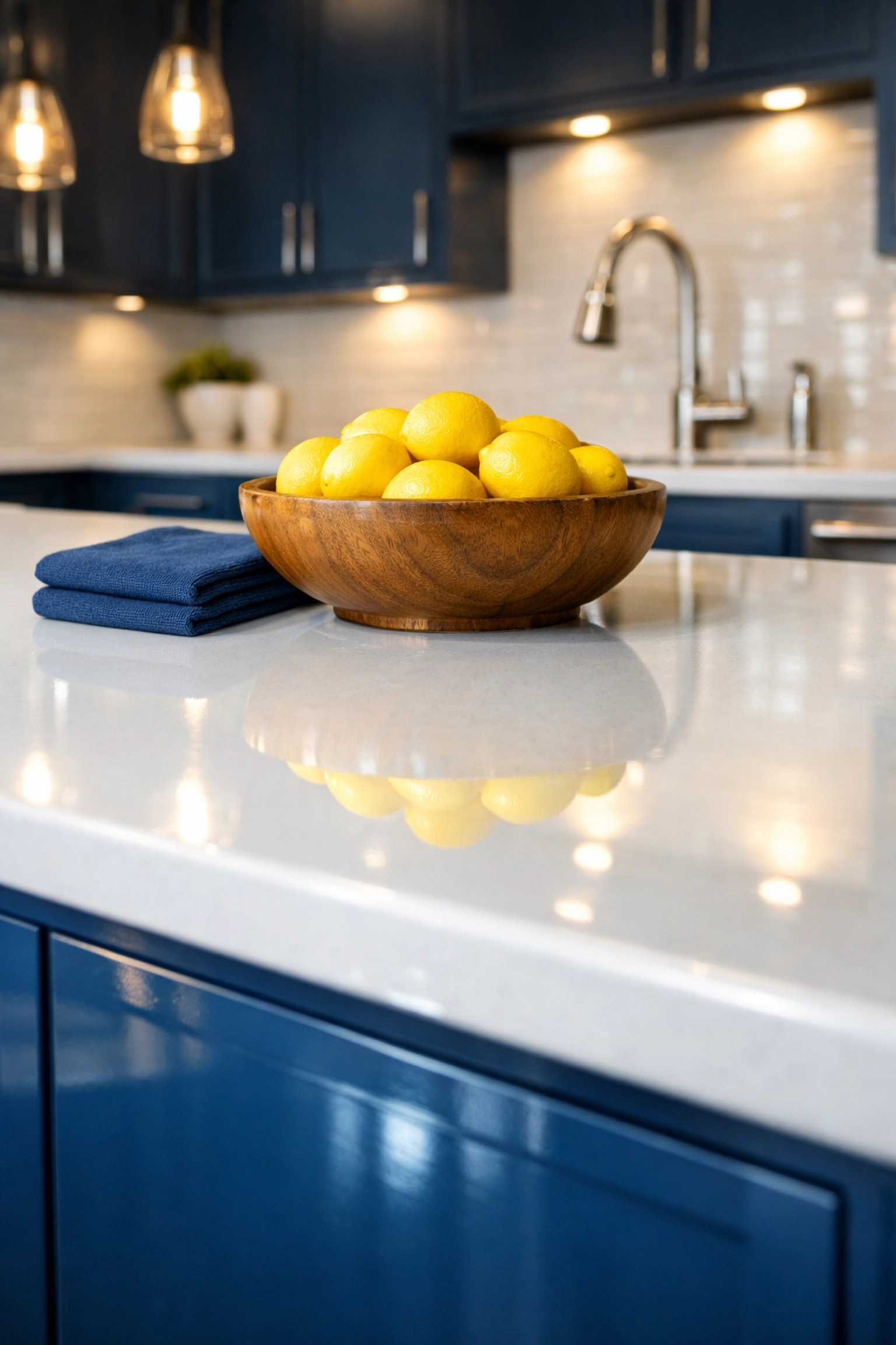 Professionally cleaned Lancaster apartment kitchen with shiny quartz countertops and blue cabinets.
