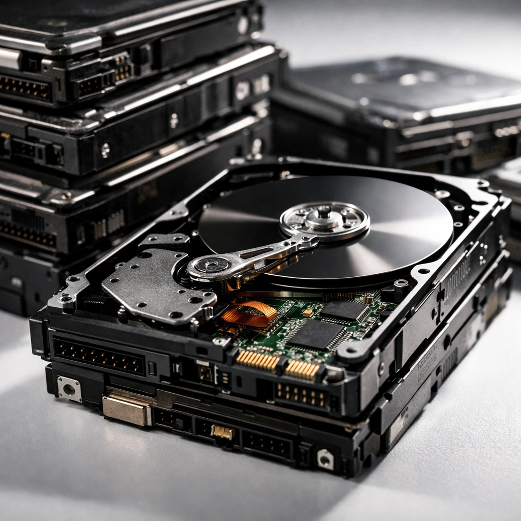 Old business hard drives requiring secure data destruction before e-waste recycling