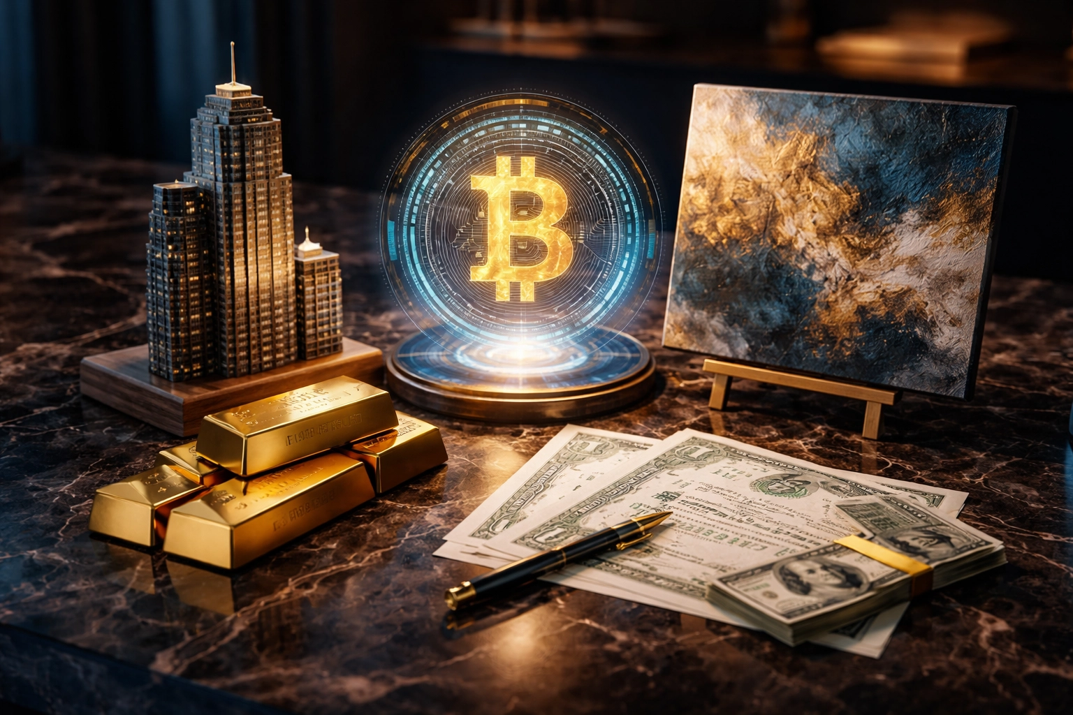 Collection of alternative investment symbols including real estate, gold, bitcoin, and stocks representing diversification options for accredited investors in 2026.