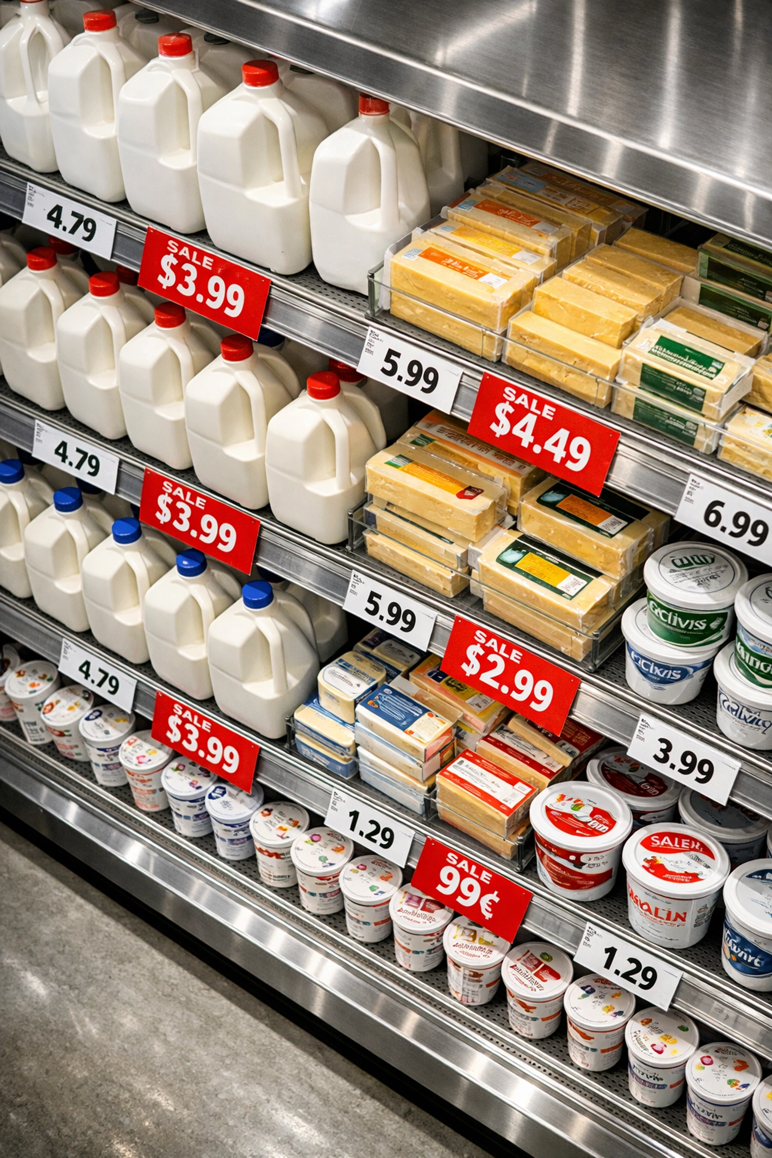 Canadian grocery store dairy aisle displaying milk, cheese and yogurt with price tags